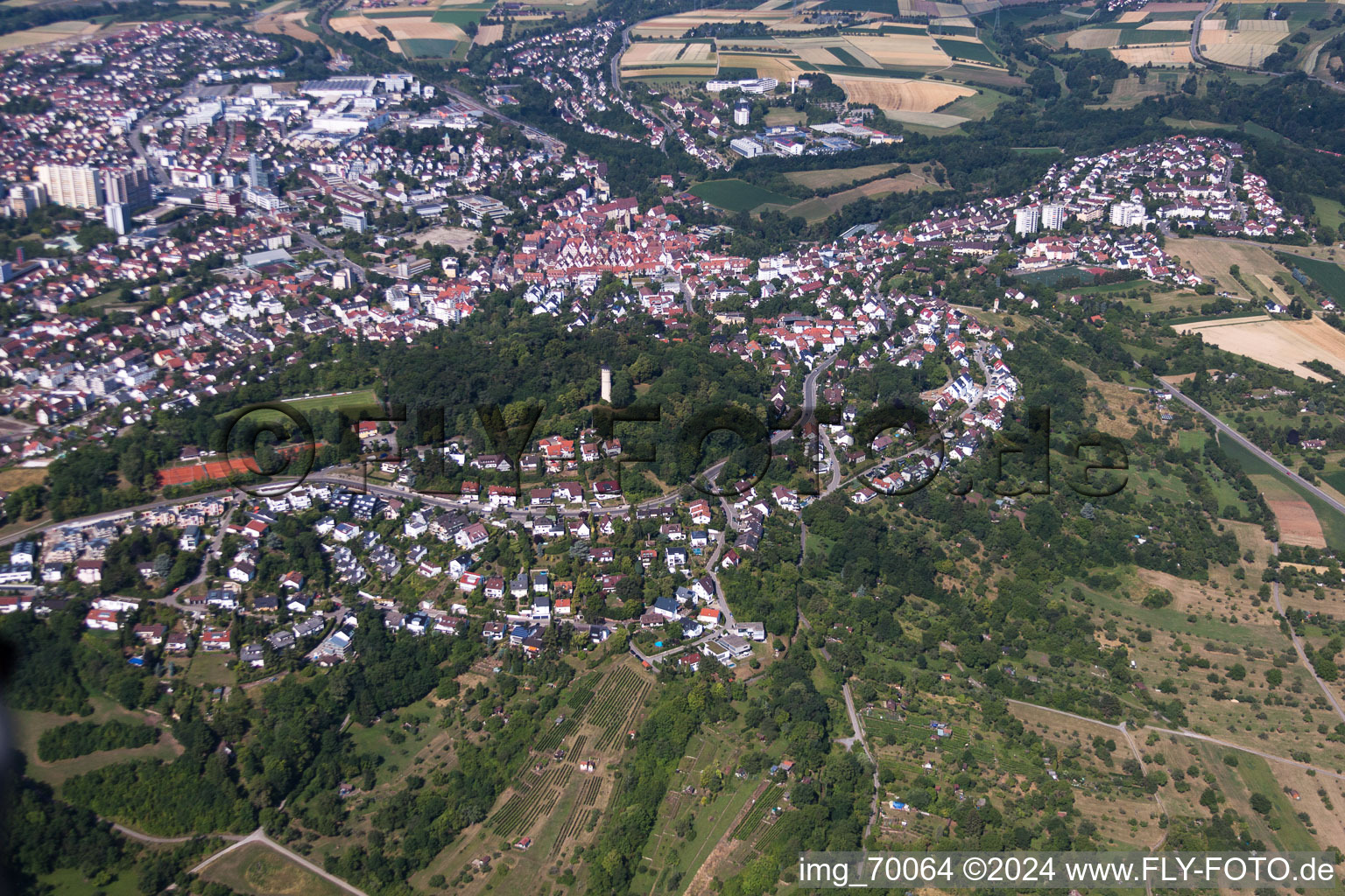 Oblique view of Engelberg Tower, Engelberg Meadow in Leonberg in the state Baden-Wuerttemberg, Germany