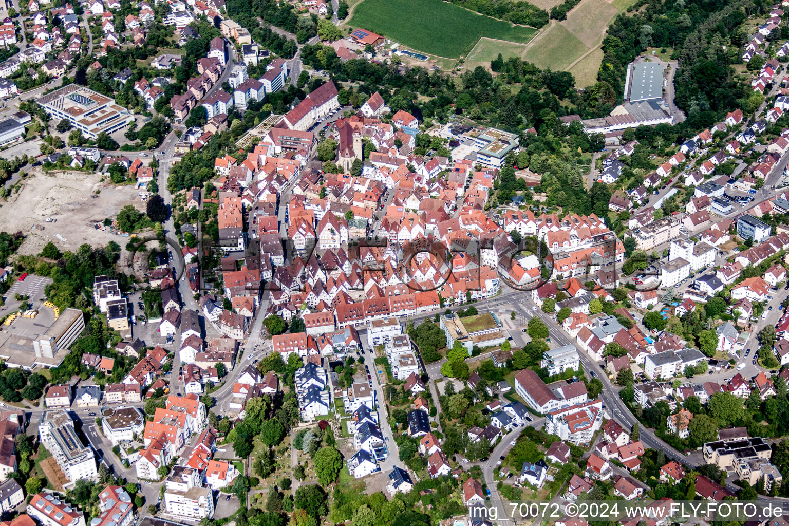 Aerial photograpy of Old Town area and city center in Leonberg in the state Baden-Wurttemberg, Germany