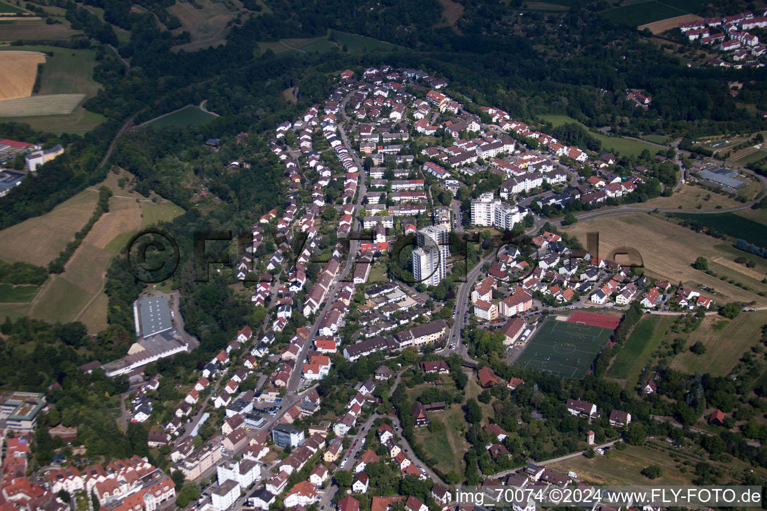 Aerial view of Heinrich-Längerer Street in Leonberg in the state Baden-Wuerttemberg, Germany