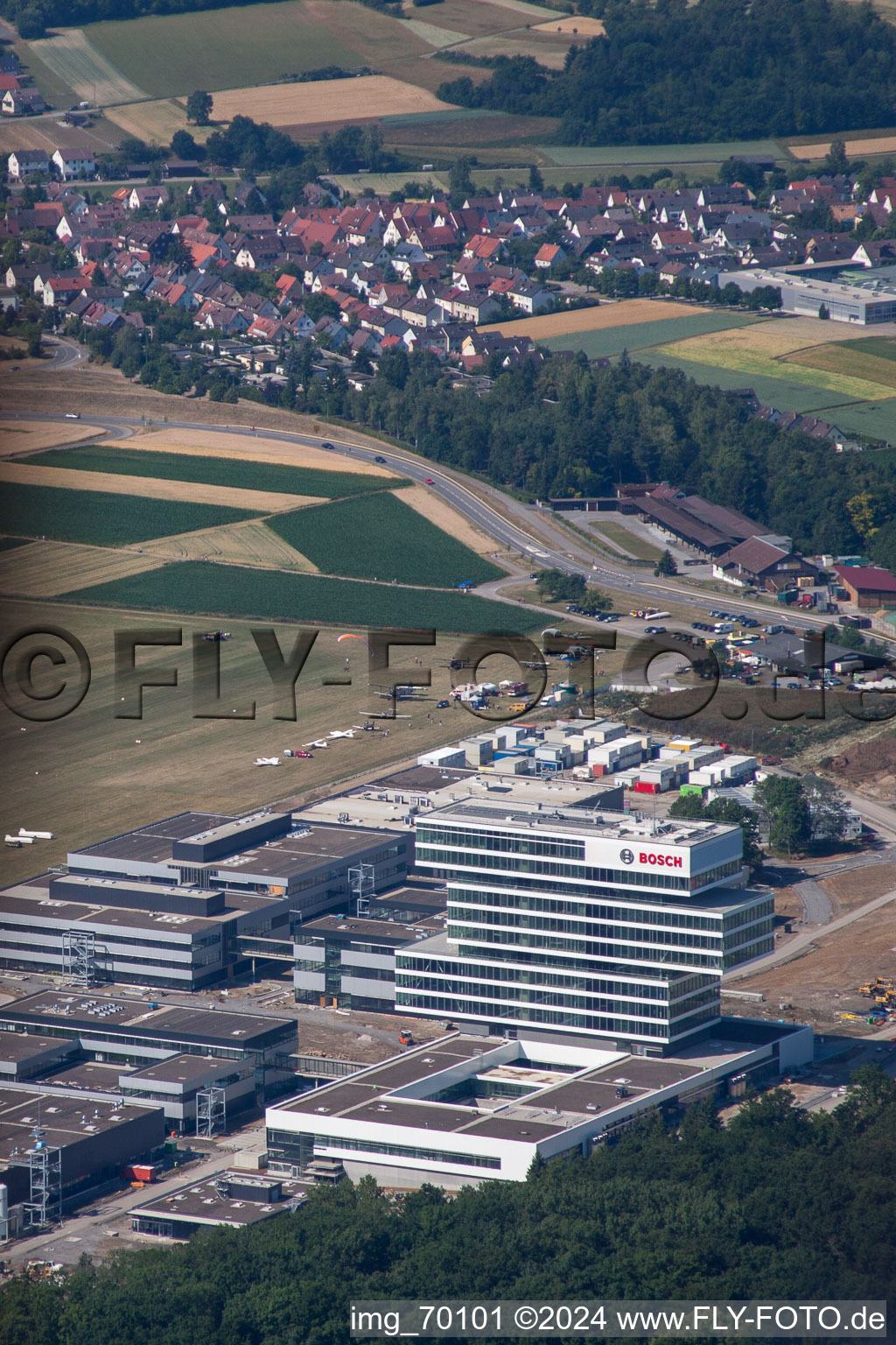 Research building and office complex of Robert Bosch GmbH Zentrum fuer Forschung and Vorausentwicklung at glider airfield in Renningen in the state Baden-Wurttemberg, Germany