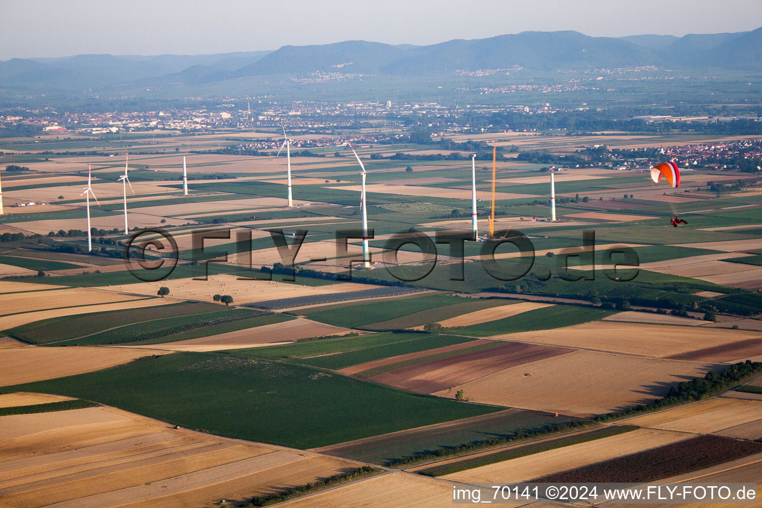 Oblique view of Wind farm in Offenbach an der Queich in the state Rhineland-Palatinate, Germany