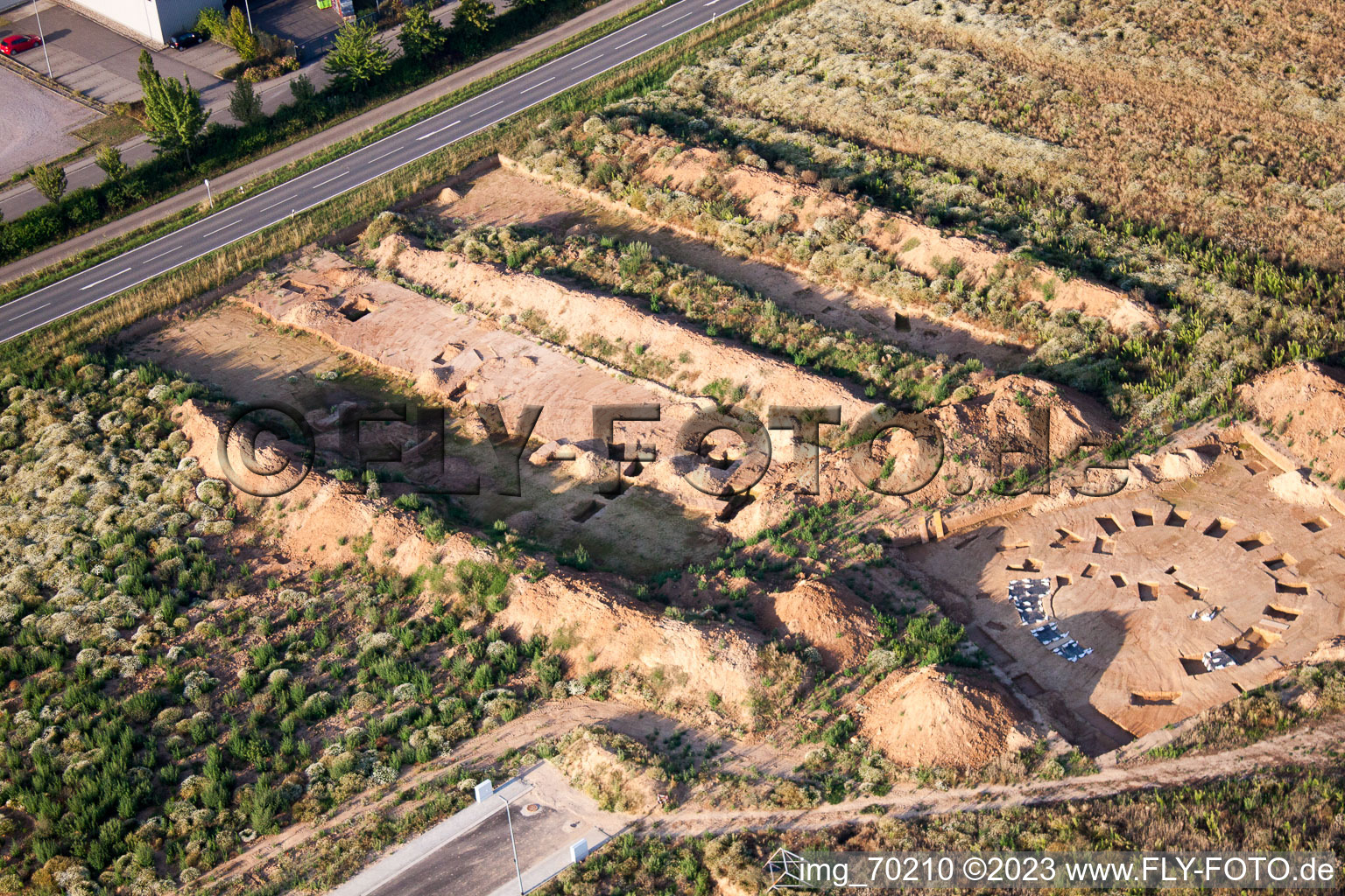 Archaeological excavation at the new industrial area NW in the district Herxheim in Herxheim bei Landau in the state Rhineland-Palatinate, Germany seen from above