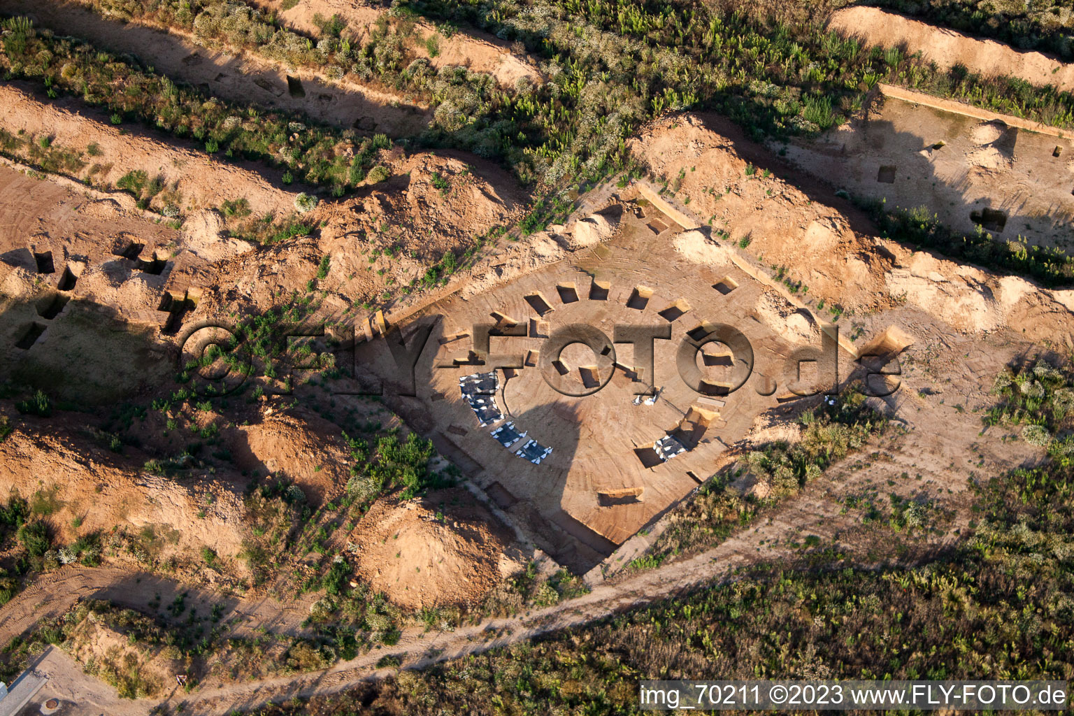 Archaeological excavation at the new commercial area NW in the district Herxheim in Herxheim bei Landau/Pfalz in the state Rhineland-Palatinate, Germany from the plane