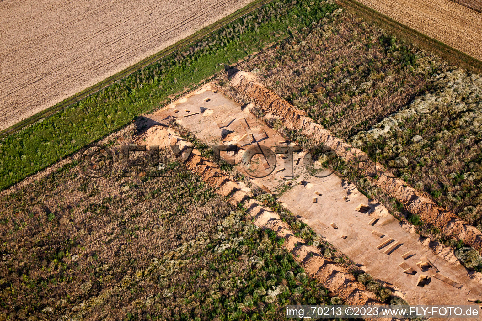 Archaeological excavation at the new commercial area NW in the district Herxheim in Herxheim bei Landau/Pfalz in the state Rhineland-Palatinate, Germany viewn from the air