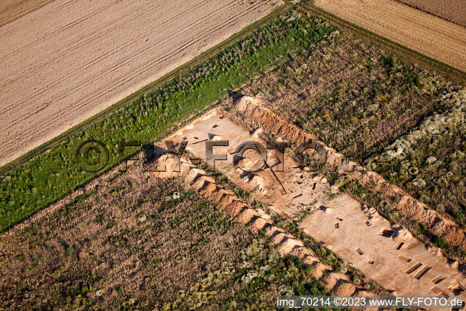 Drone recording of Archaeological excavation at the new commercial area NW in the district Herxheim in Herxheim bei Landau/Pfalz in the state Rhineland-Palatinate, Germany