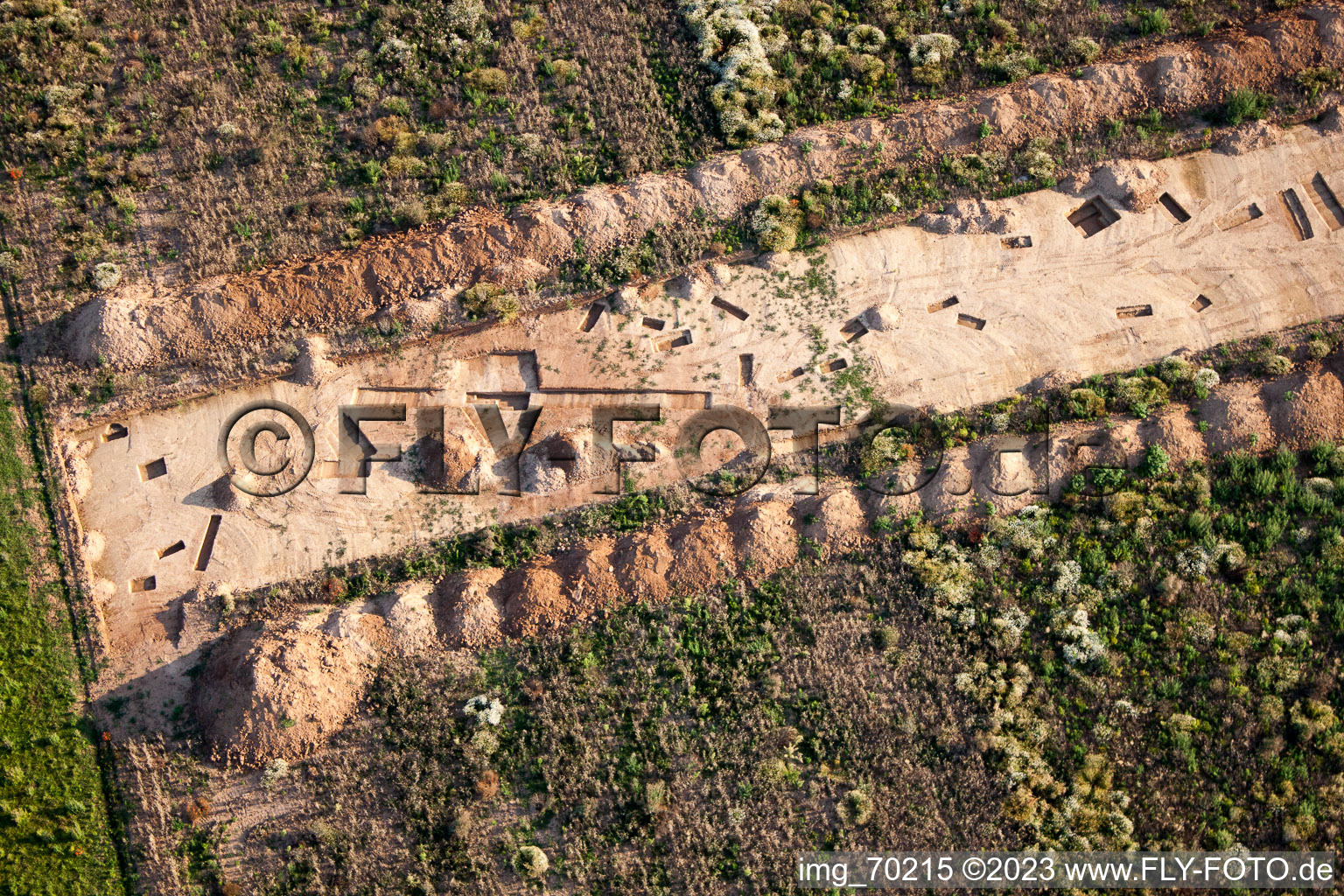 Drone image of Archaeological excavation at the new commercial area NW in the district Herxheim in Herxheim bei Landau/Pfalz in the state Rhineland-Palatinate, Germany