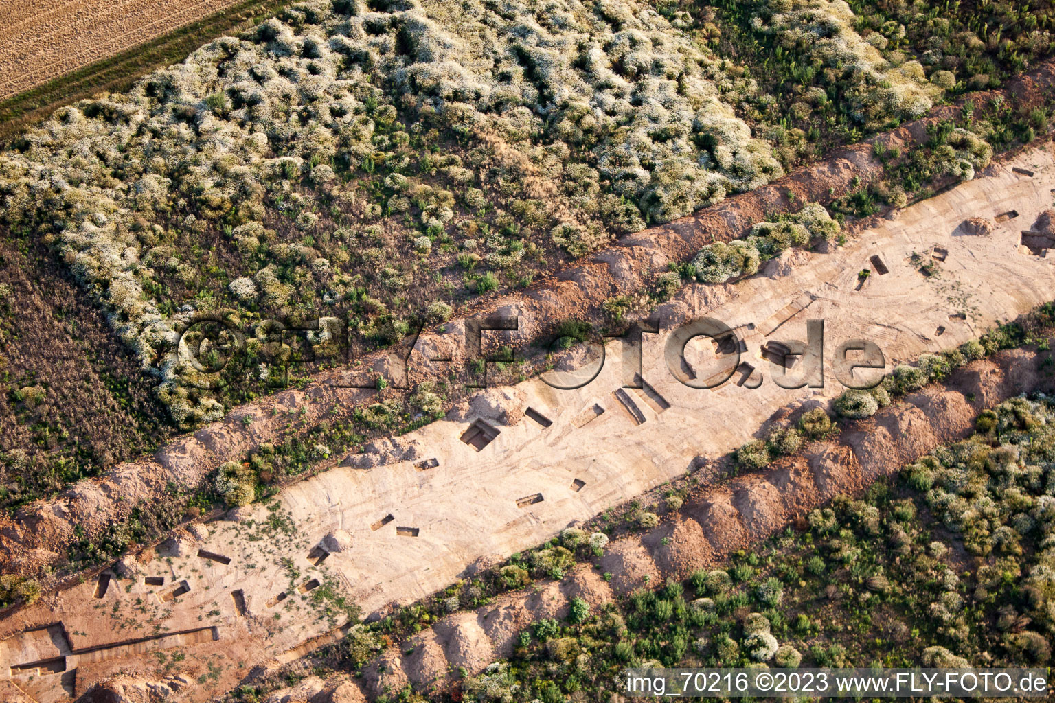 Archaeological excavation at the new industrial area NW in the district Herxheim in Herxheim bei Landau in the state Rhineland-Palatinate, Germany from the drone perspective