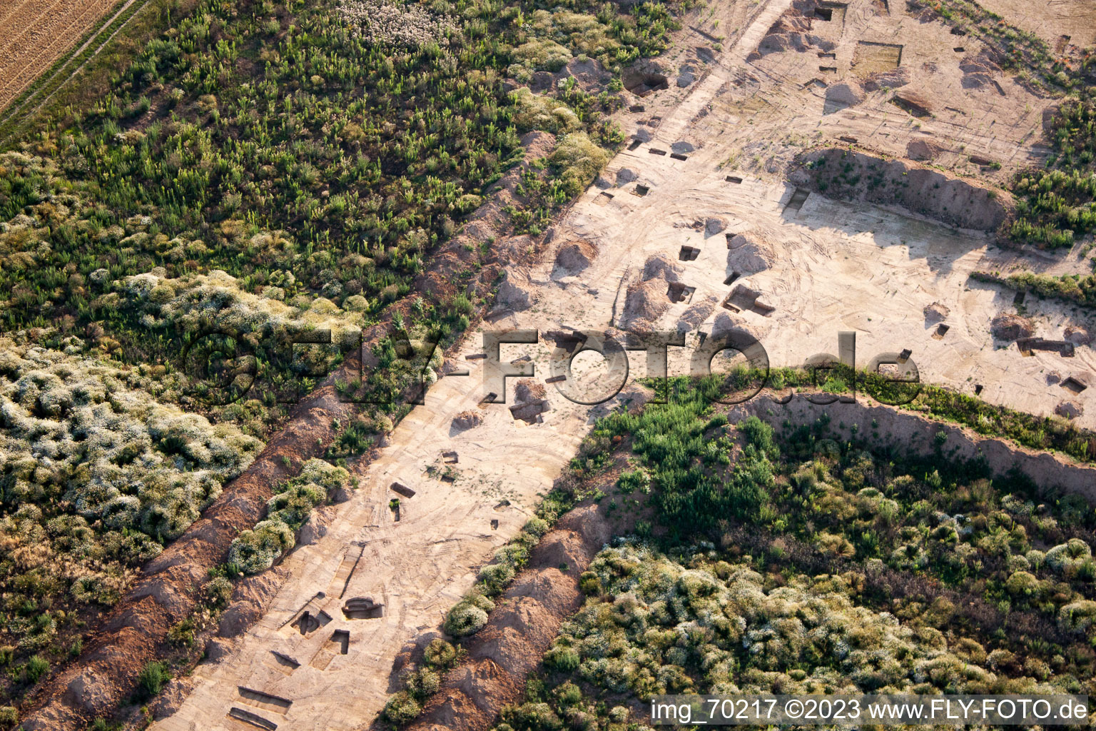 Archaeological excavation at the new industrial area NW in the district Herxheim in Herxheim bei Landau in the state Rhineland-Palatinate, Germany from a drone