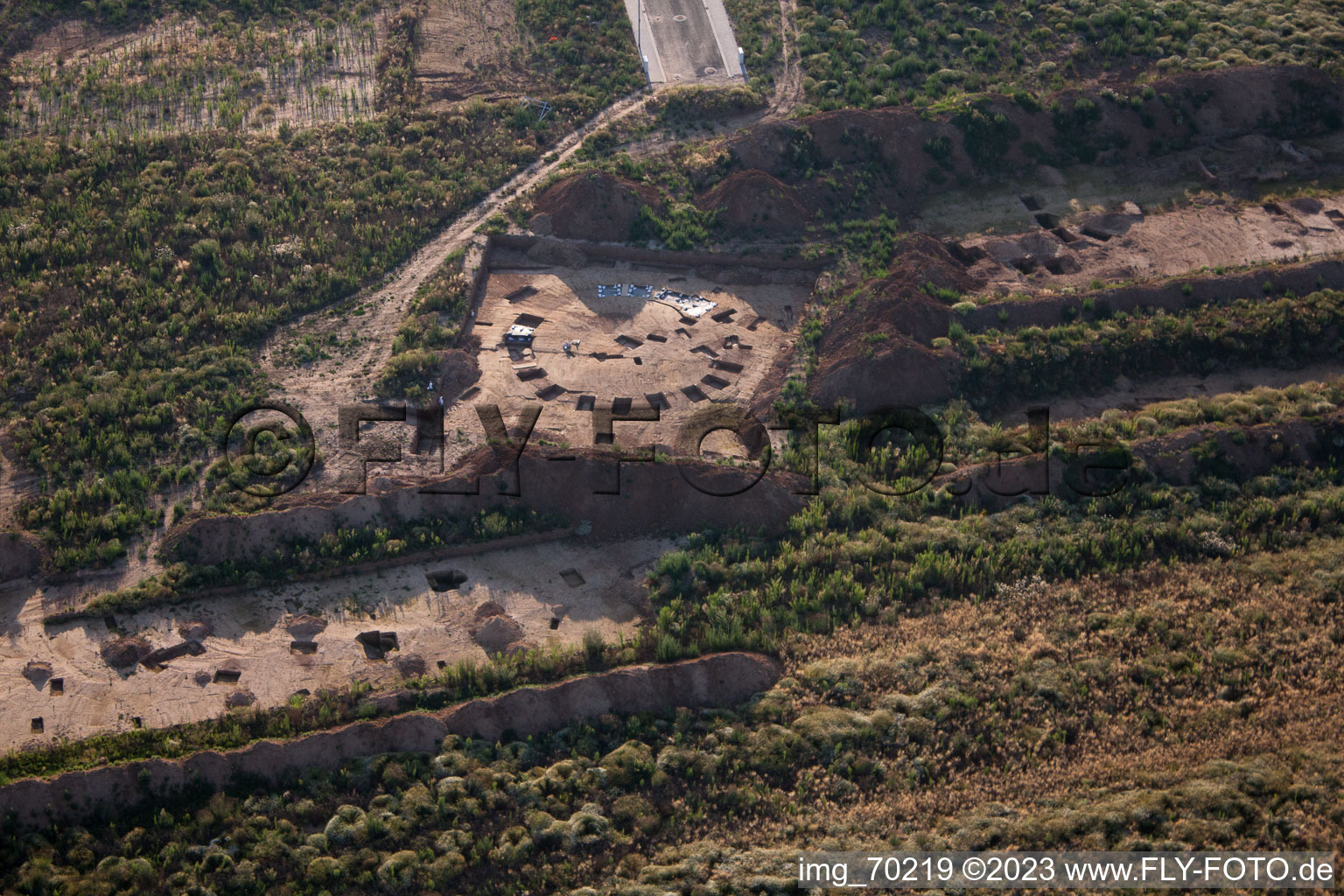 Archaeological excavation at the new industrial area NW in the district Herxheim in Herxheim bei Landau in the state Rhineland-Palatinate, Germany seen from a drone