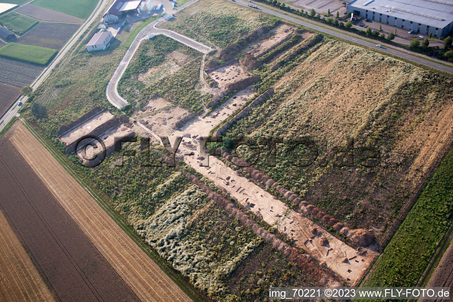 Aerial photograpy of Archaeological excavation at the new industrial area NW in the district Herxheim in Herxheim bei Landau in the state Rhineland-Palatinate, Germany