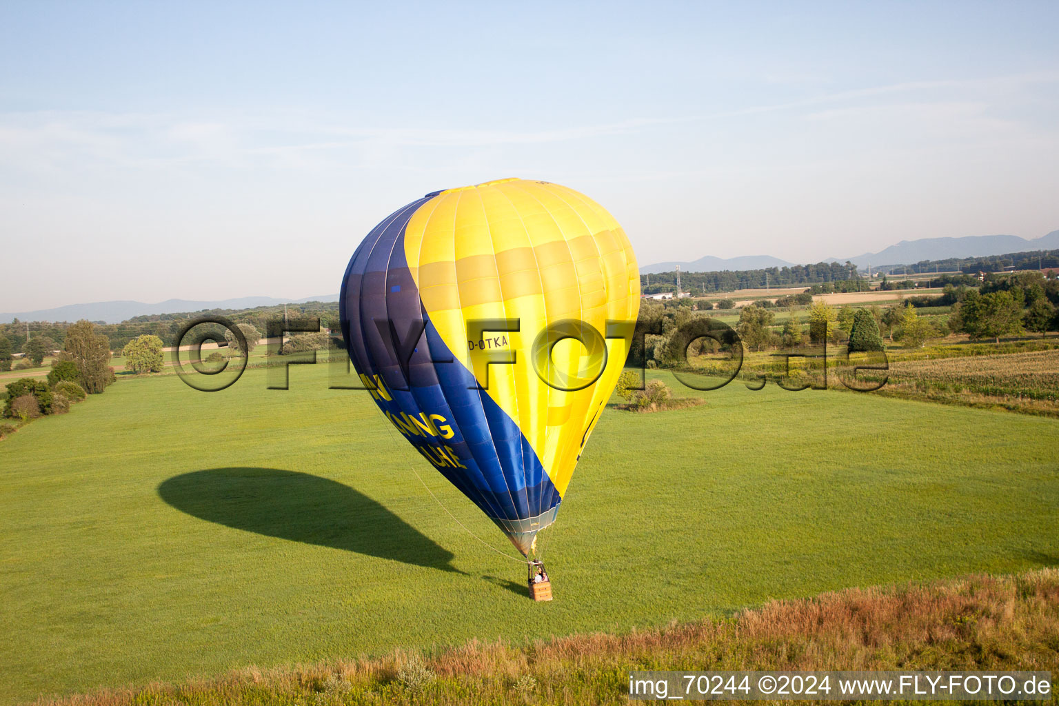 Balloon on the run in Erlenbach bei Kandel in the state Rhineland-Palatinate, Germany from above