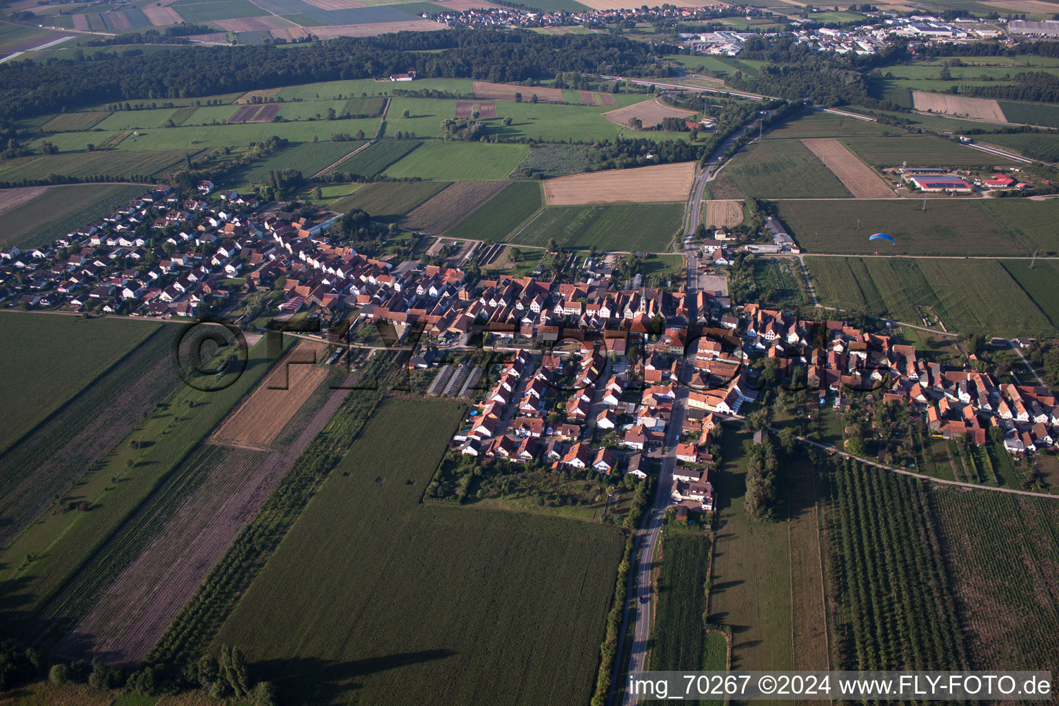 From the north in Erlenbach bei Kandel in the state Rhineland-Palatinate, Germany seen from a drone
