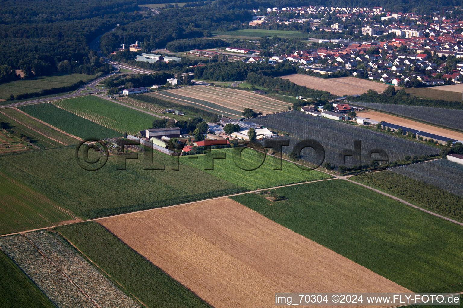 Aerial view of Zapf fruit farm in Kandel in the state Rhineland-Palatinate, Germany