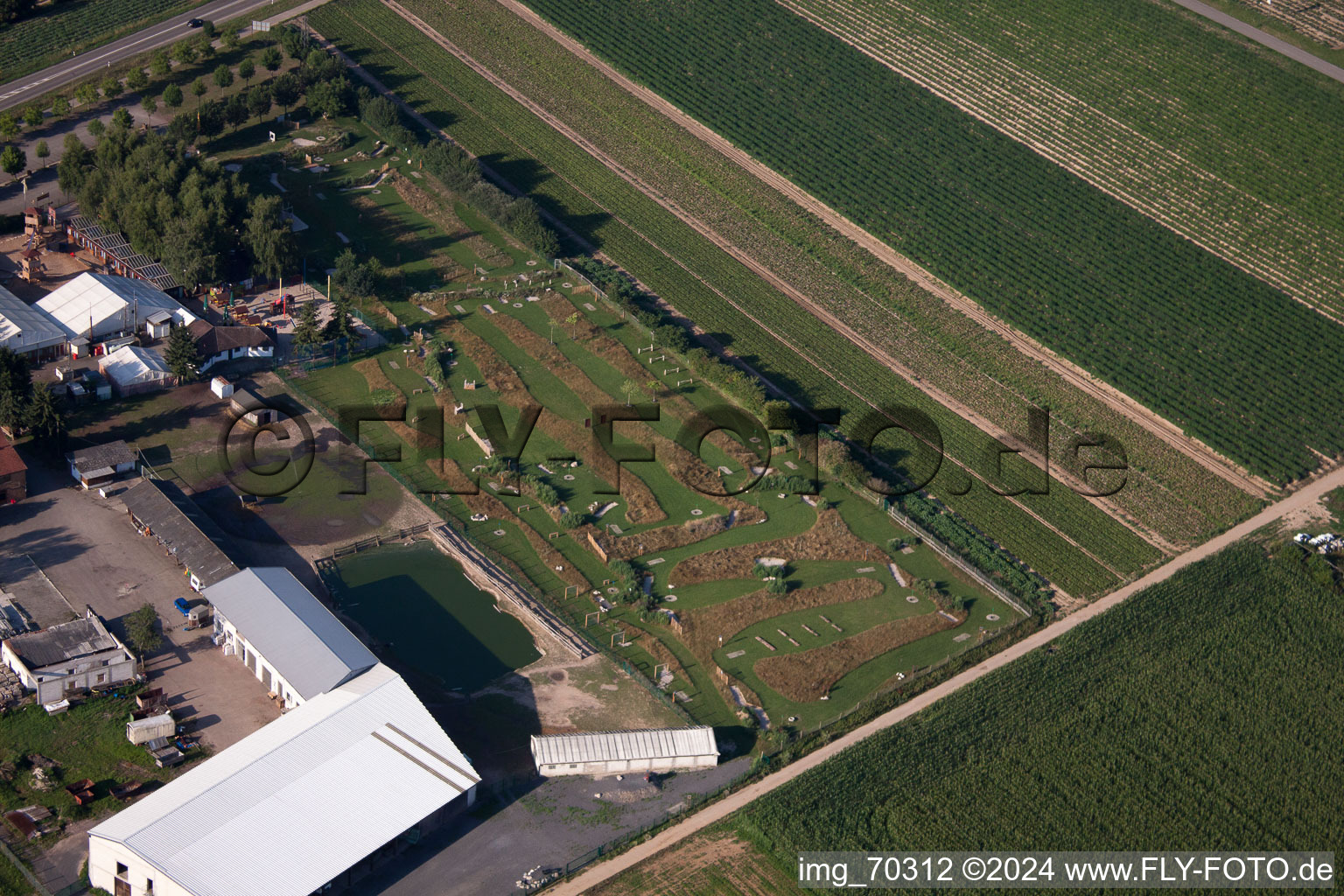 Aerial photograpy of Tent of open-air restaurant Adamshof and foot golf   area Kandel in Kandel in the state Rhineland-Palatinate, Germany