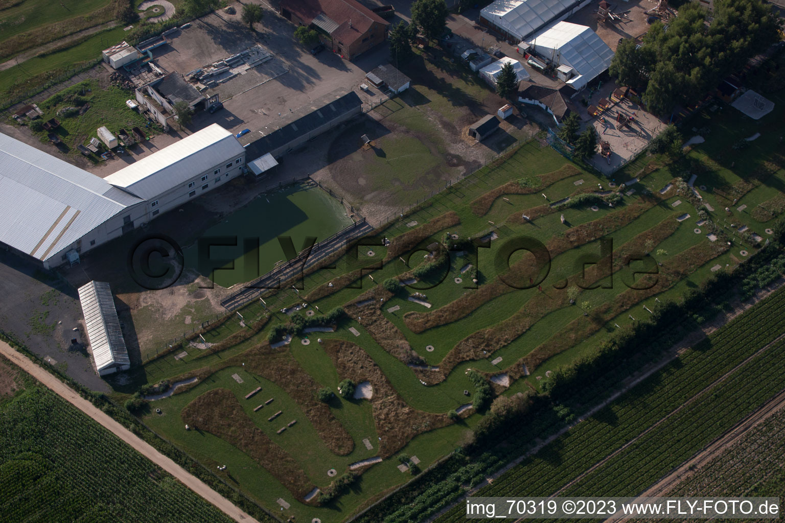 Aerial photograpy of Adamshof foot golf course in Kandel in the state Rhineland-Palatinate, Germany
