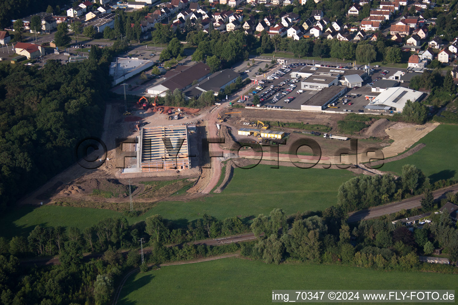 Bird's eye view of Edeka new building in Kandel in the state Rhineland-Palatinate, Germany