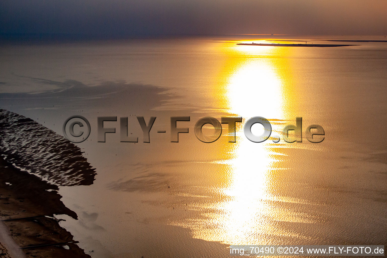 Aerial view of Sunset over the North Sea beach landscape in the district Döse in Cuxhaven in the state Lower Saxony, Germany