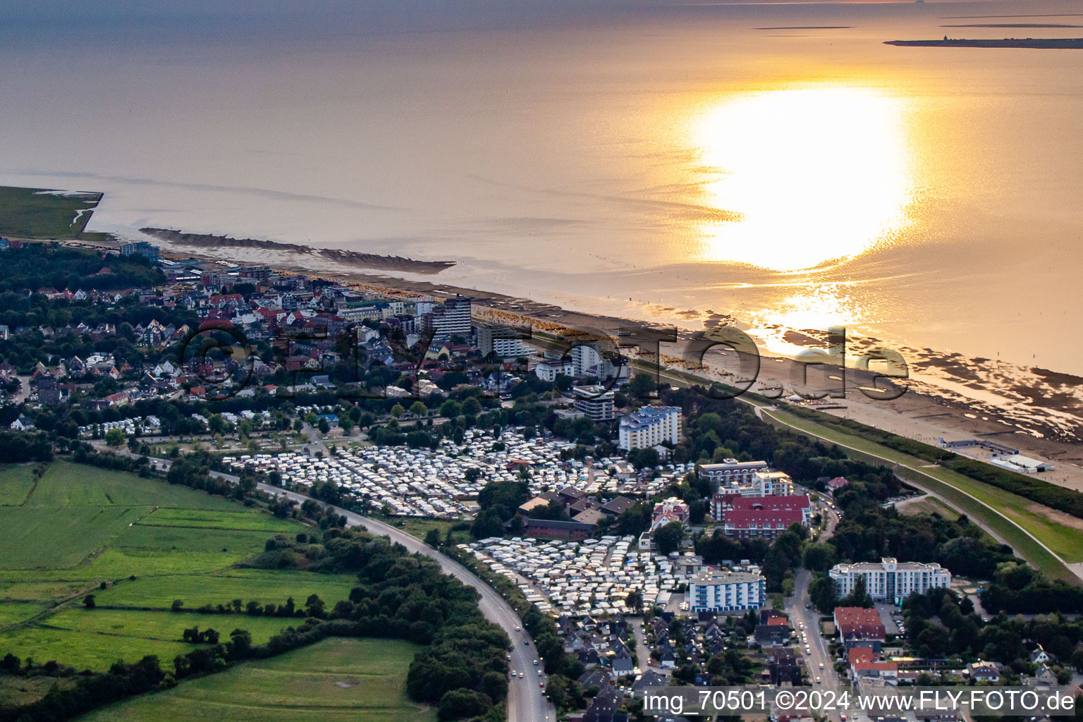 Campsites on the North Sea at setting sun in the district Duhnen in Cuxhaven in the state Lower Saxony, Germany