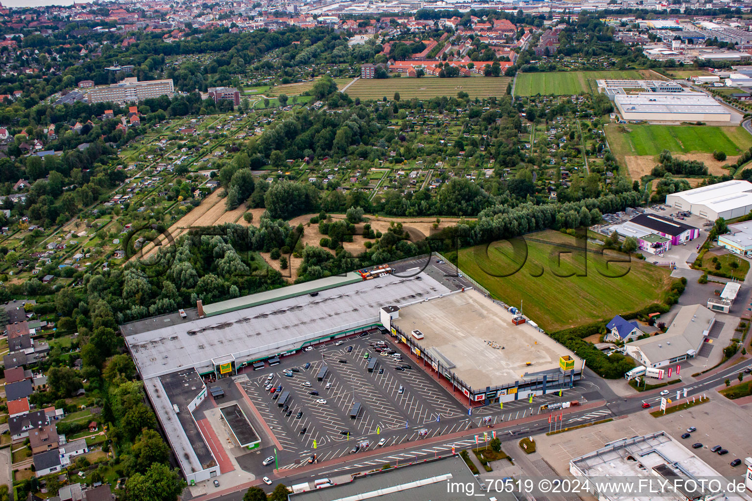 Aerial view of Marktkauf Center Cuxhaven with Deichmann and dm in the district Groden in Cuxhaven in the state Lower Saxony, Germany