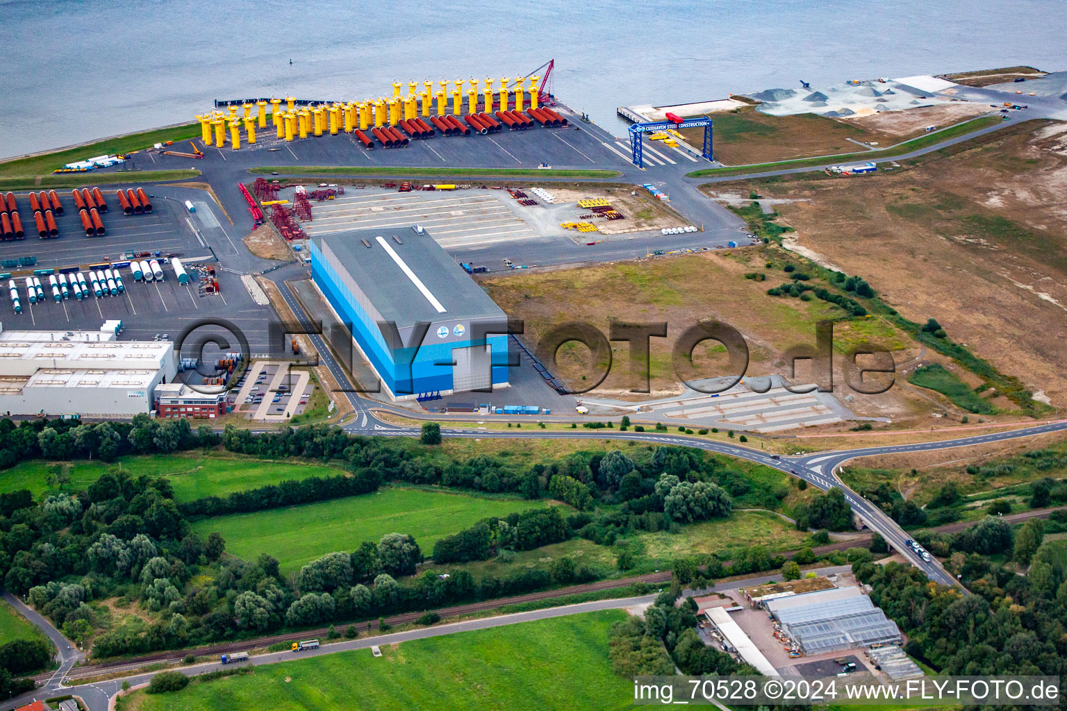 Port facilities on the sea coast of Cuxport GmbH for offshore wind turbines in Cuxhaven in the state Lower Saxony, Germany