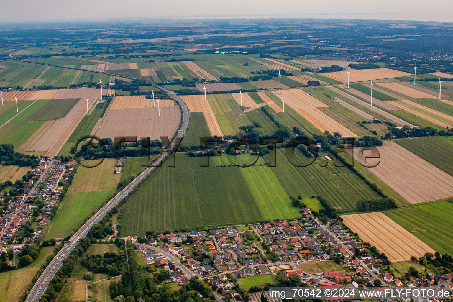 Wind farm from the north in the district Altenbruch-Westerende in Cuxhaven in the state Lower Saxony, Germany