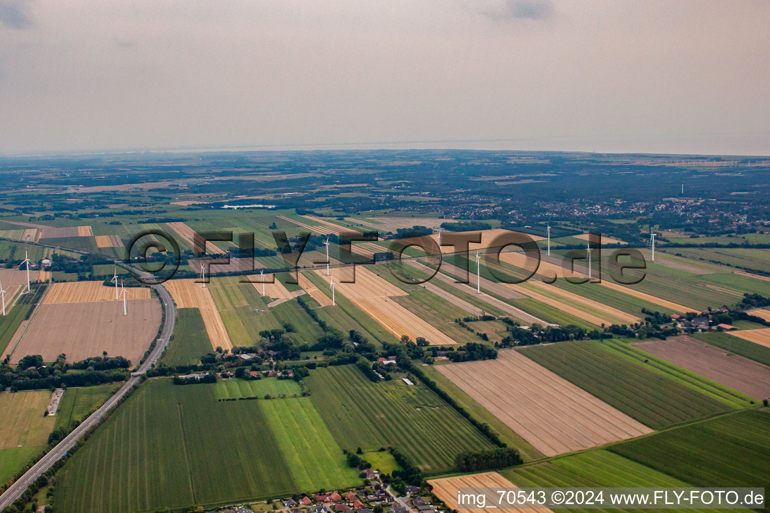 Aerial view of Wind farm from the north in the district Altenbruch-Westerende in Cuxhaven in the state Lower Saxony, Germany