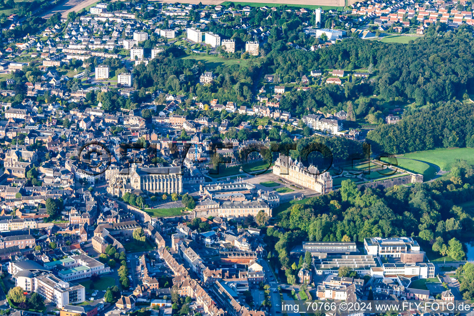 Aerial view of Building complex in the park of the castle Eu in Eu in Normandie, France