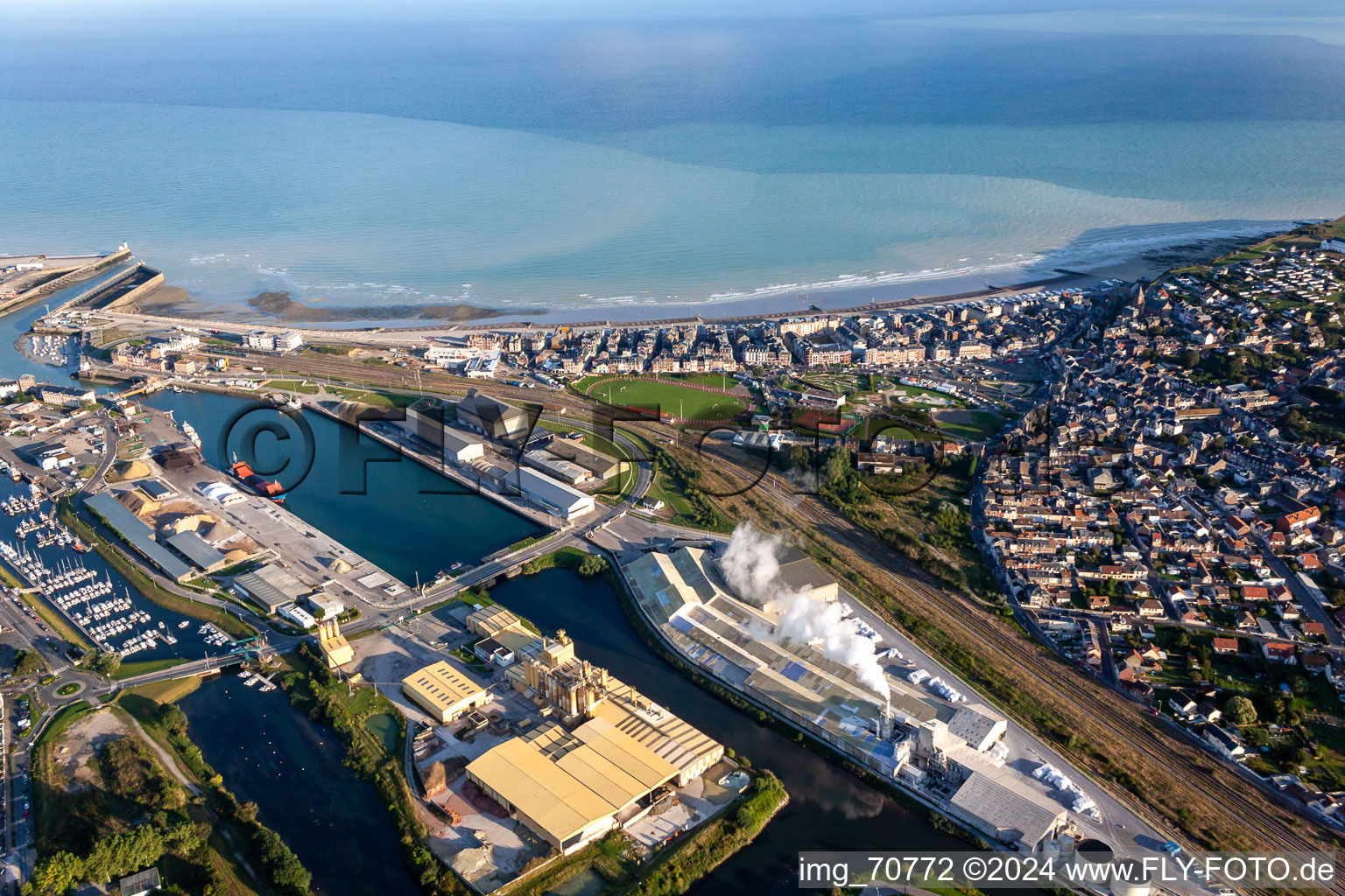 Aerial view of The front port in the district Treport Moderne in Le Tréport in the state Seine-Maritime, France