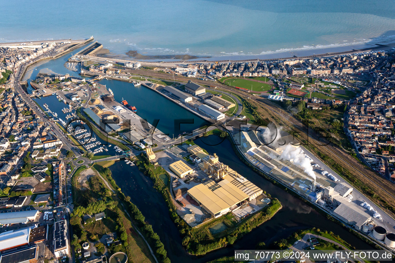 Aerial photograpy of The front port in the district Treport Moderne in Le Tréport in the state Seine-Maritime, France