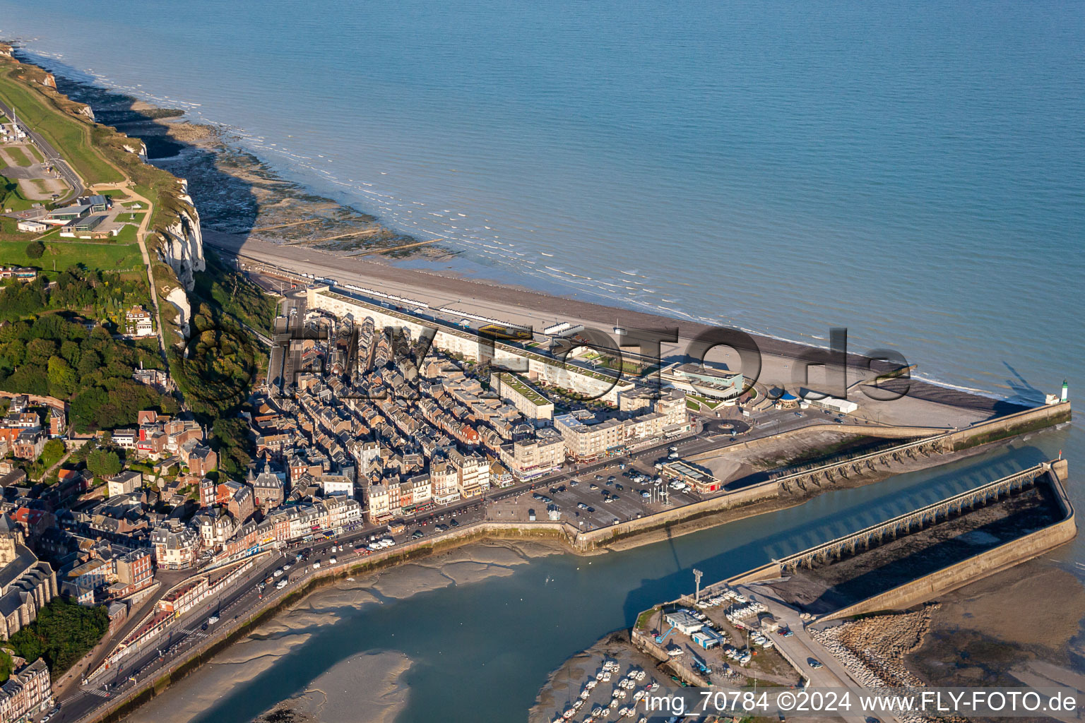 Aerial view of The front port in the district Basse Ville in Le Tréport in the state Seine-Maritime, France