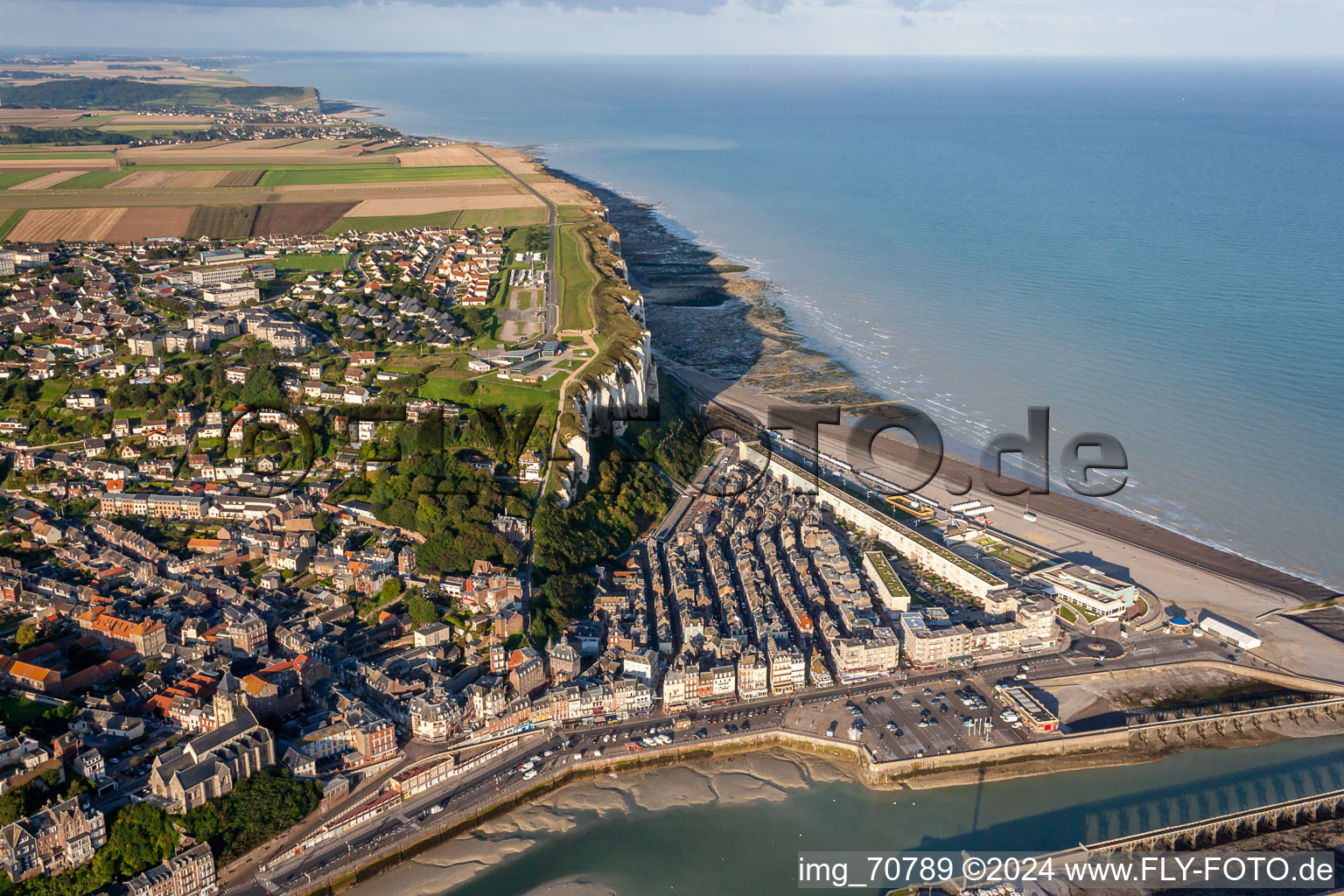 Aerial view of Casino JOA in the district Basse Ville in Le Tréport in the state Seine-Maritime, France