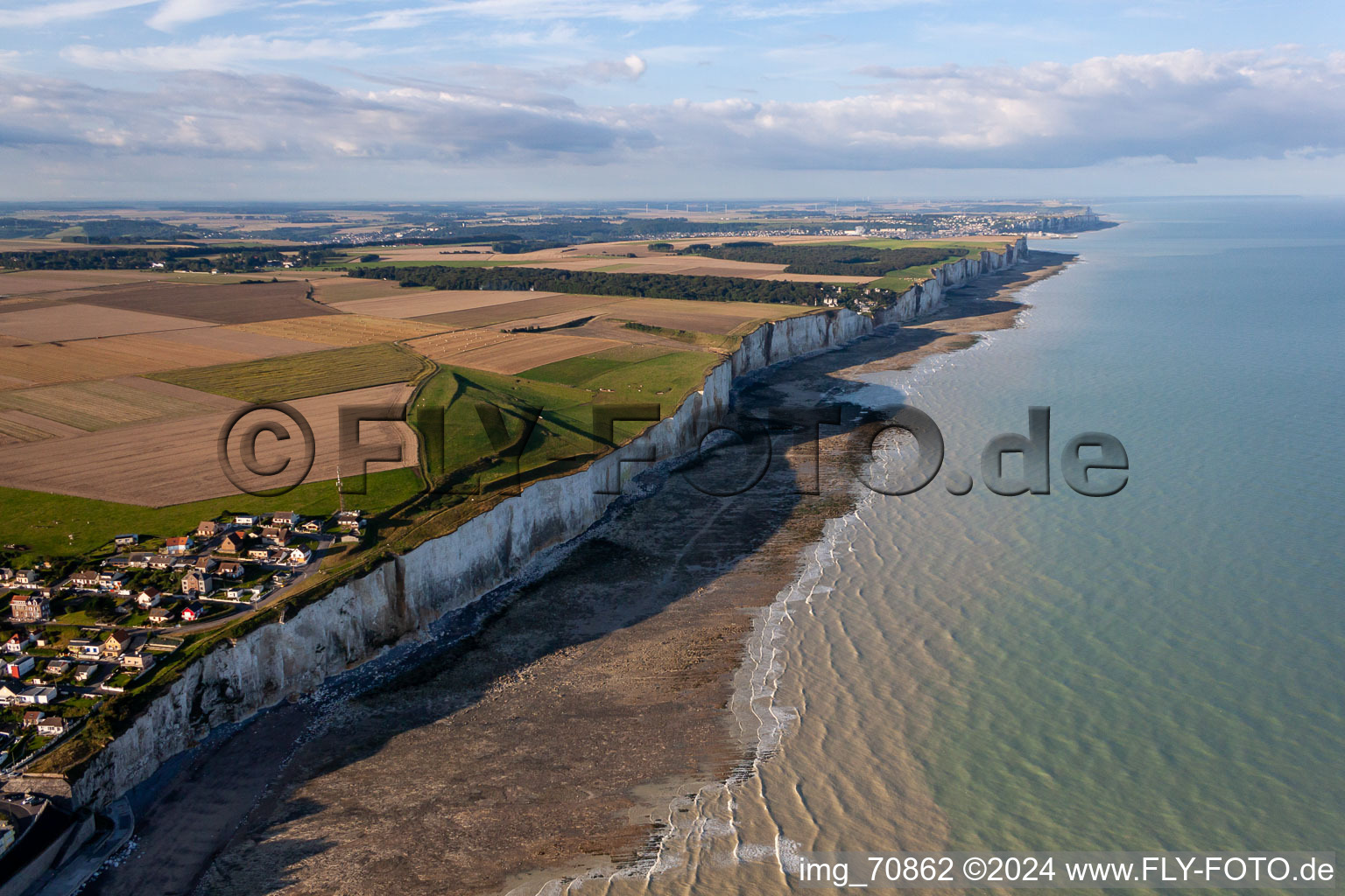 Aerial view of Coastline at the rocky cliffs of Aermelkanal in Ault in Hauts-de-France, France