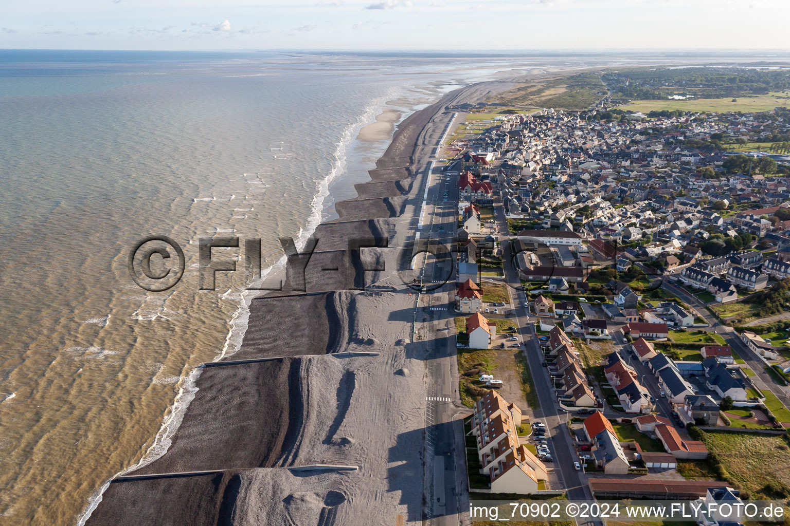 Aerial view of Beach landscape on the English Channel in Cayeux-sur-Mer in Hauts-de-France, France