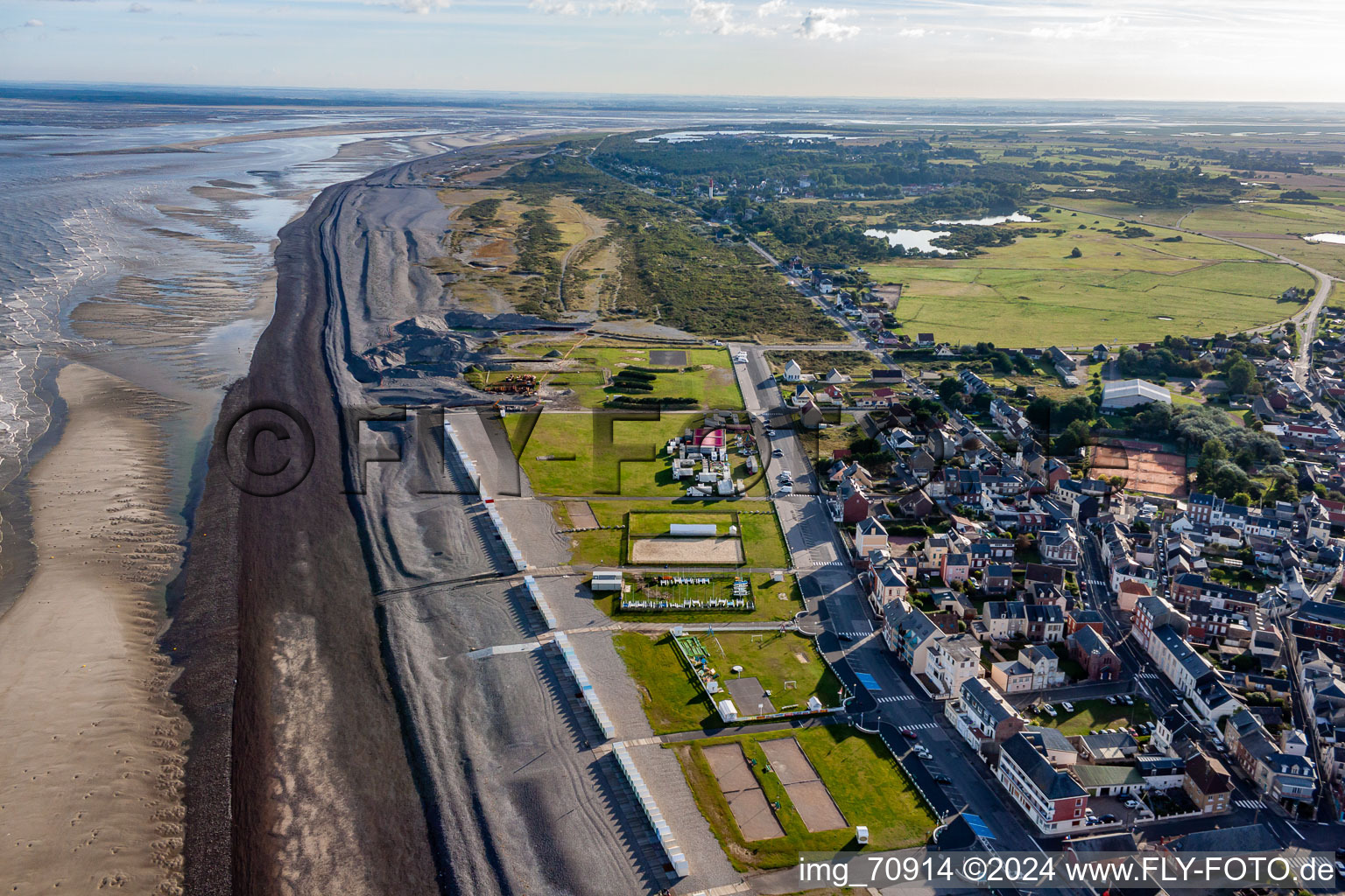 Aerial view of Beach huts of Cayeux in Cayeux-sur-Mer in the state Somme, France