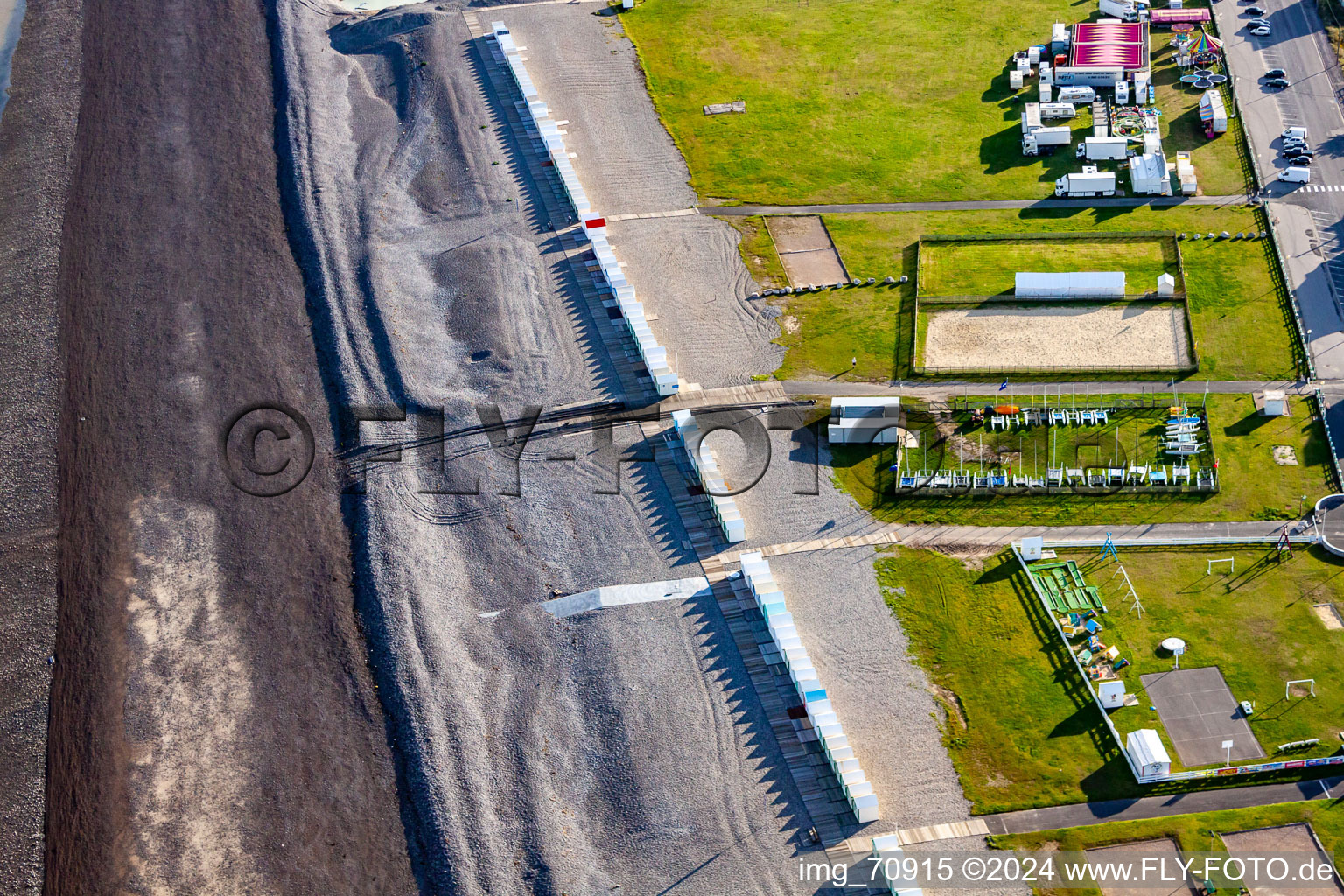 Aerial photograpy of Beach huts of Cayeux in Cayeux-sur-Mer in the state Somme, France