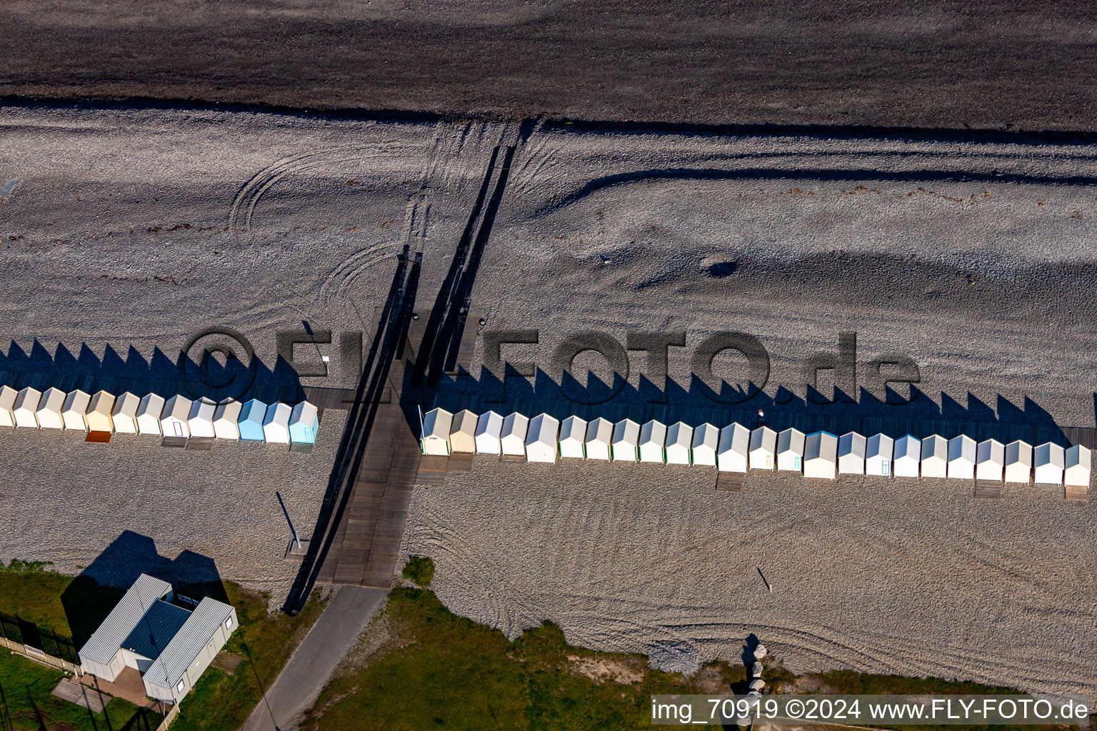 Beach huts of Cayeux in Cayeux-sur-Mer in the state Somme, France from above