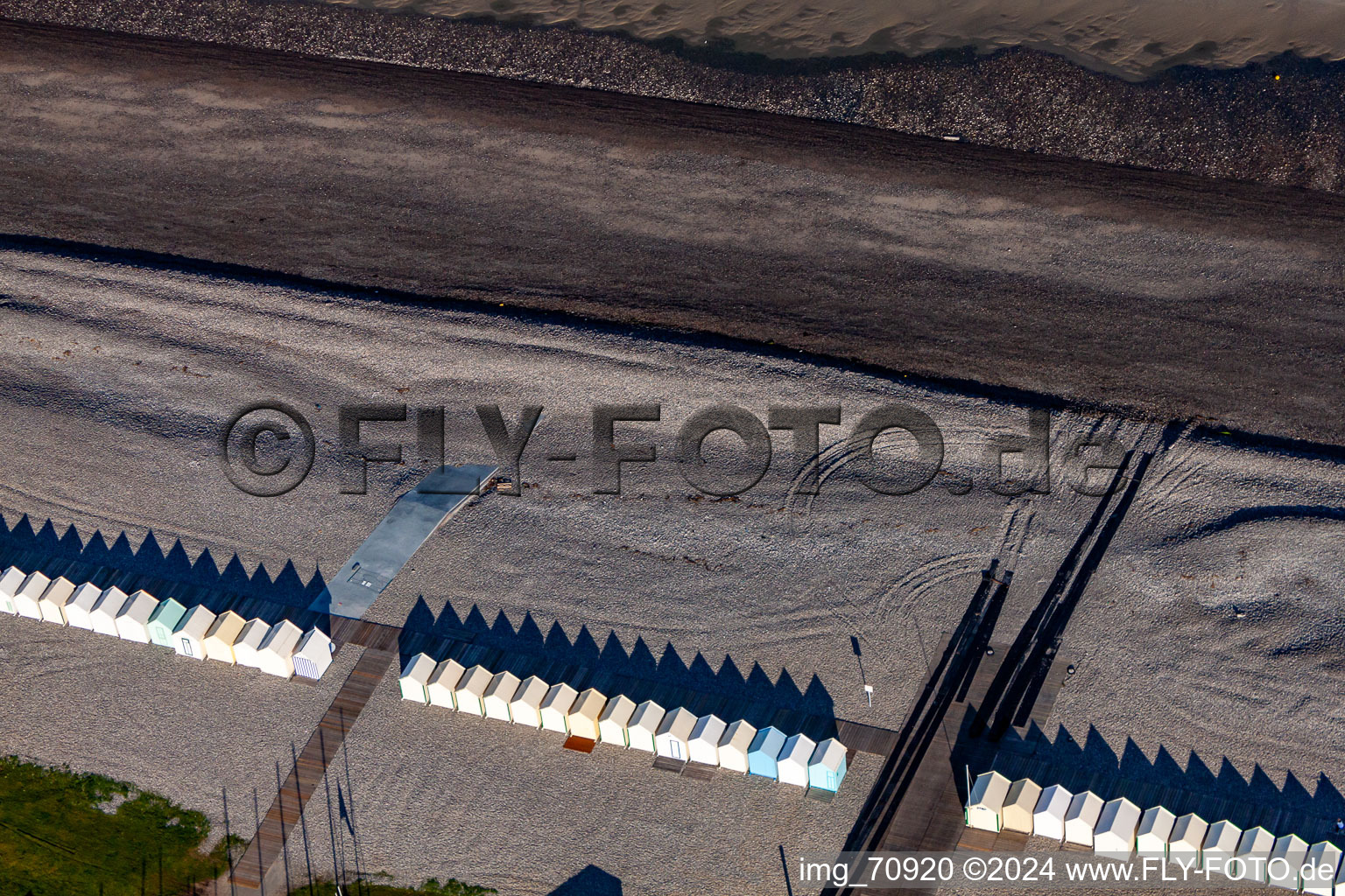 Beach huts of Cayeux in Cayeux-sur-Mer in the state Somme, France out of the air