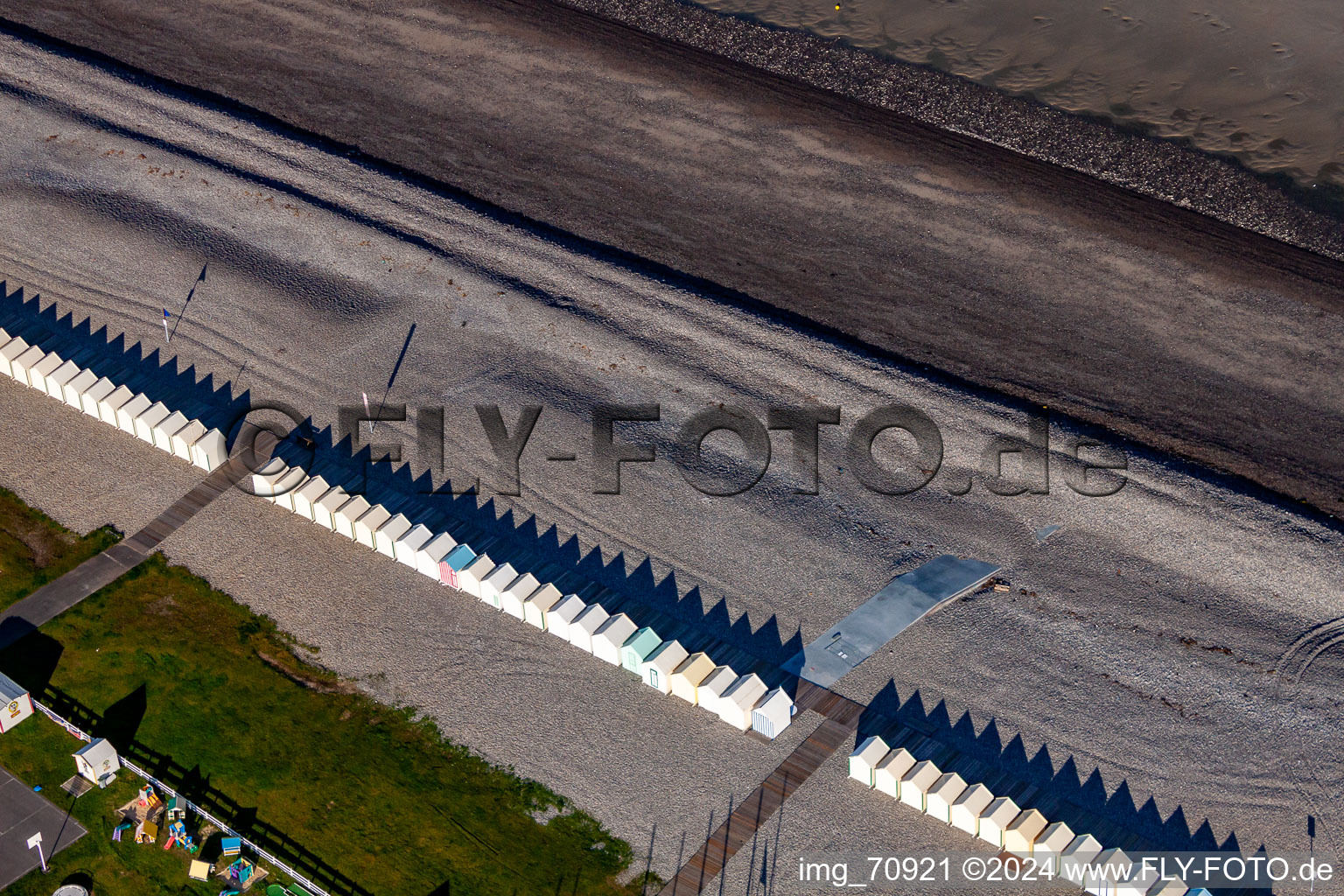 Beach huts of Cayeux in Cayeux-sur-Mer in the state Somme, France seen from above