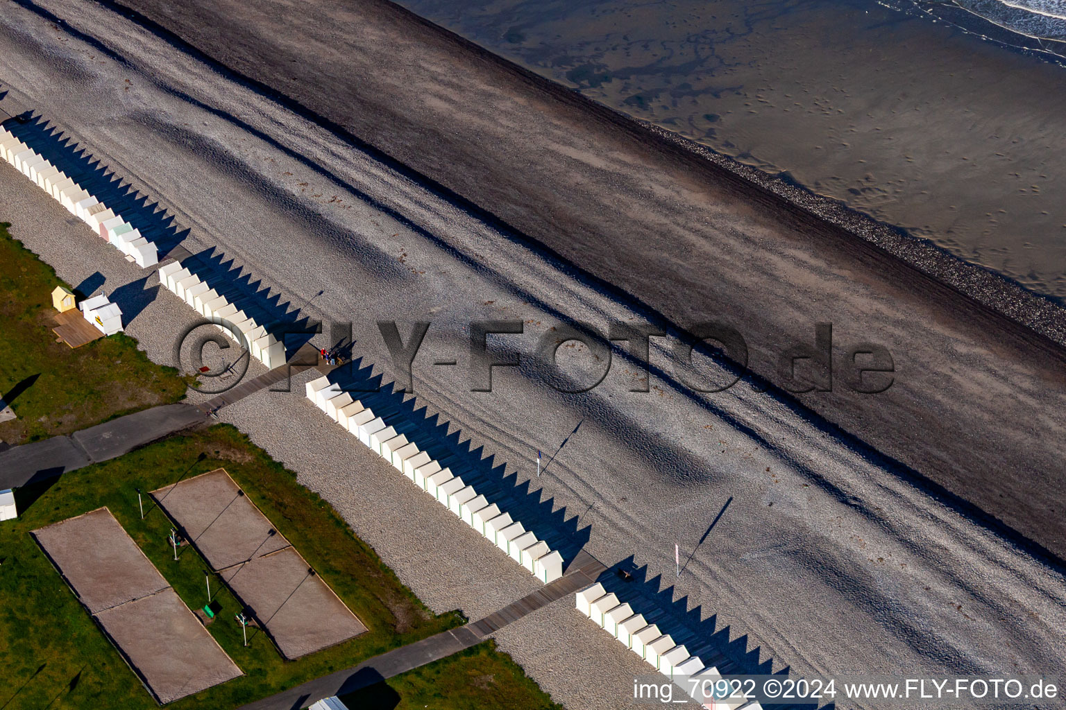 Beach huts of Cayeux in Cayeux-sur-Mer in the state Somme, France from the plane