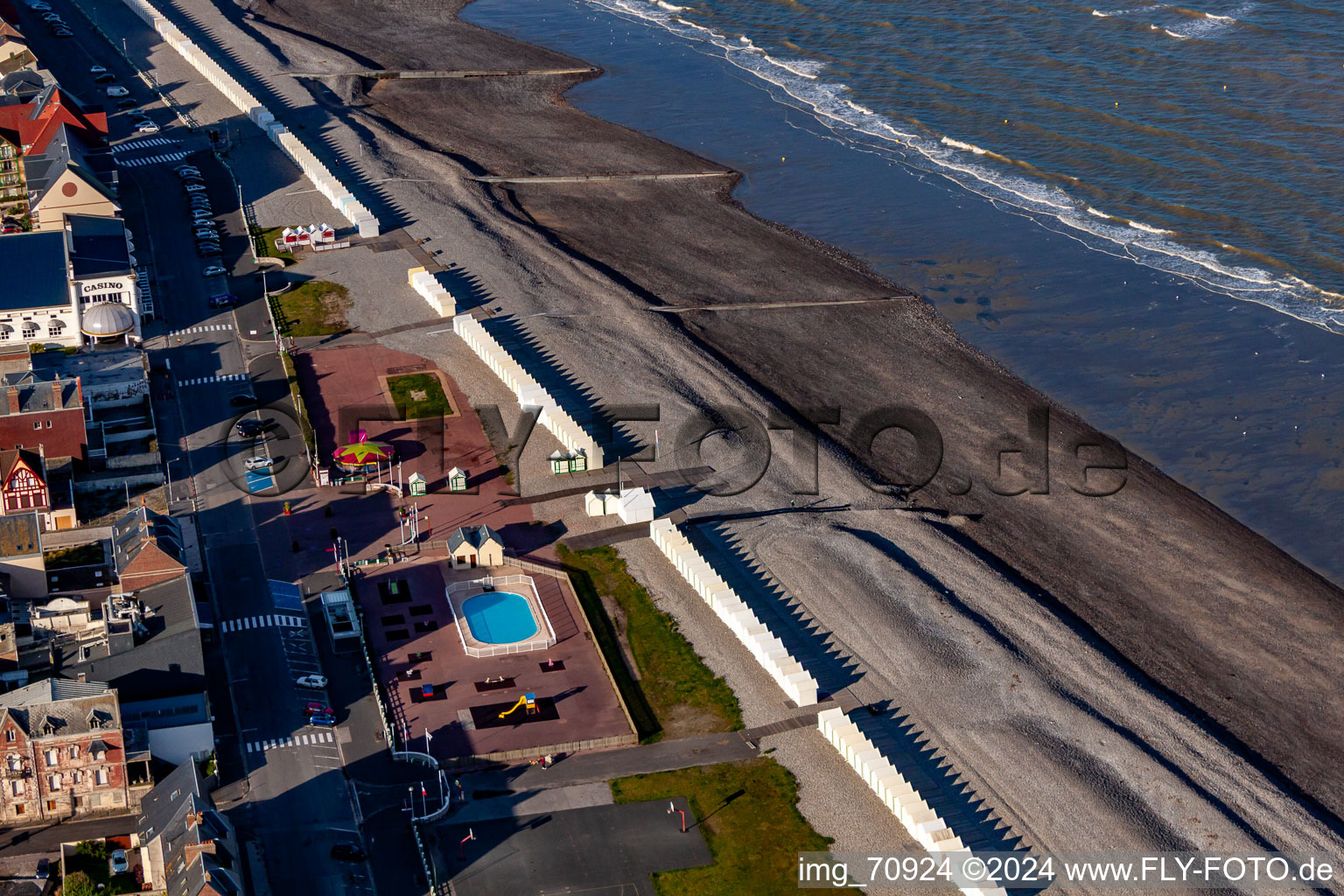 Bird's eye view of Beach huts of Cayeux in Cayeux-sur-Mer in the state Somme, France