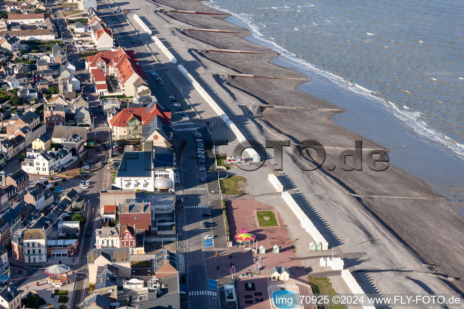 Aerial view of Beach landscape on the Coast to the English Channel in Cayeux-sur-Mer in Hauts-de-France, France