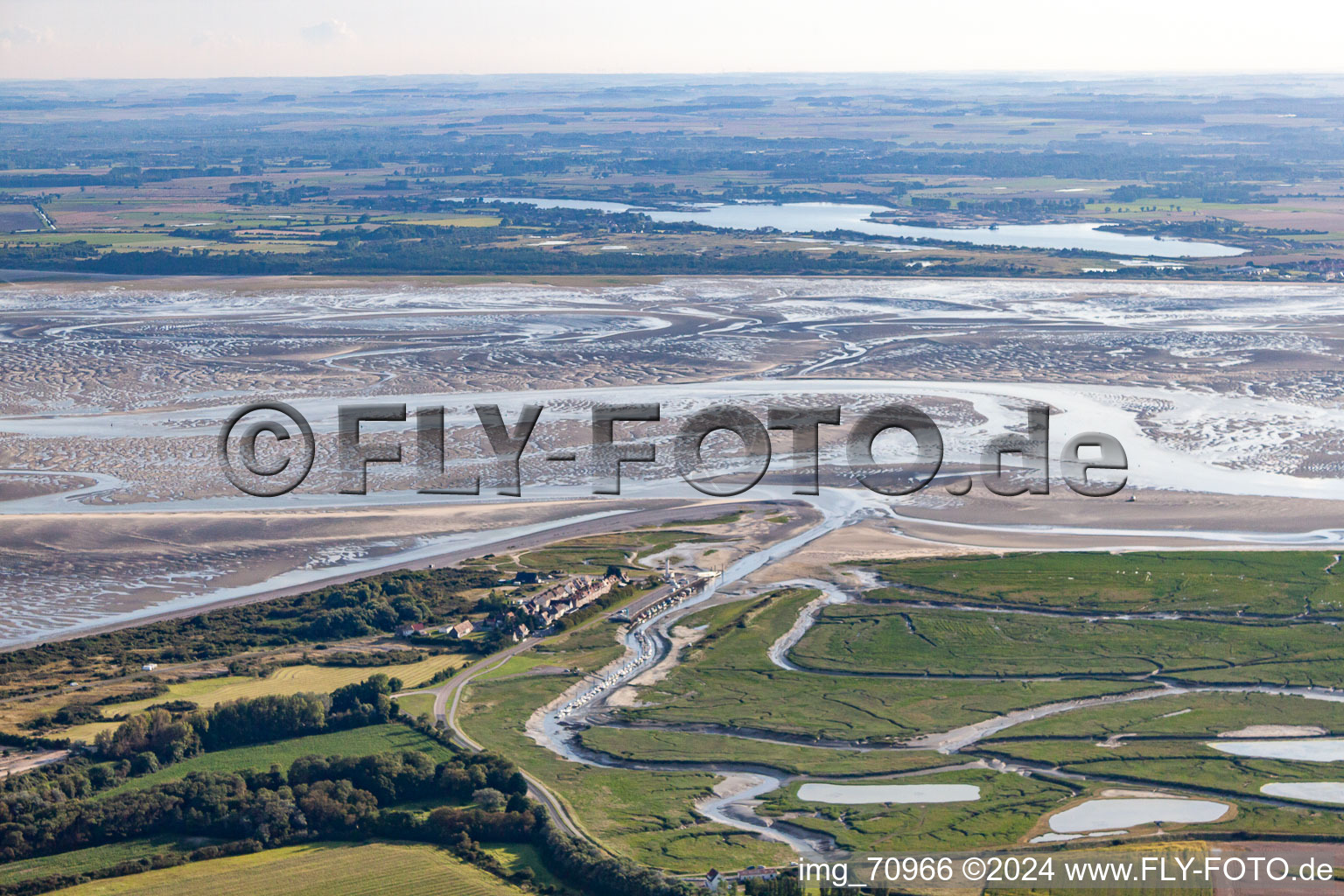 Aerial view of River Delta and estuary of Somme in Saint-Valery-sur-Somme in Picardie, France