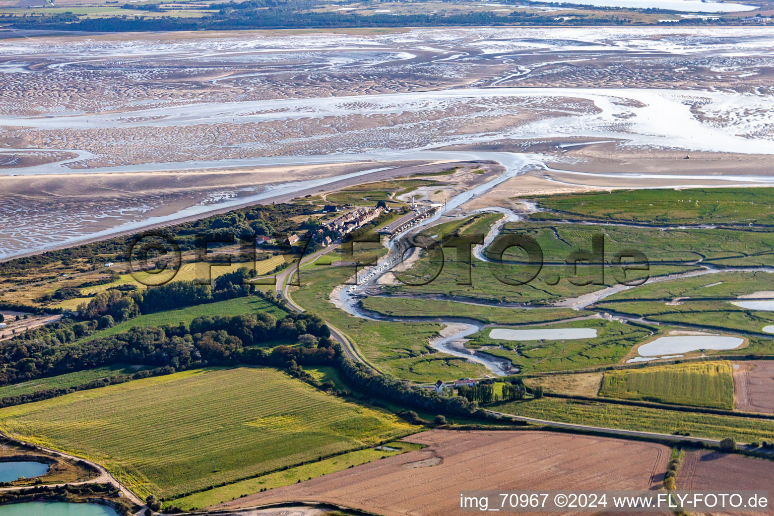 Aerial photograpy of River Delta and estuary of Somme in Saint-Valery-sur-Somme in Picardie, France