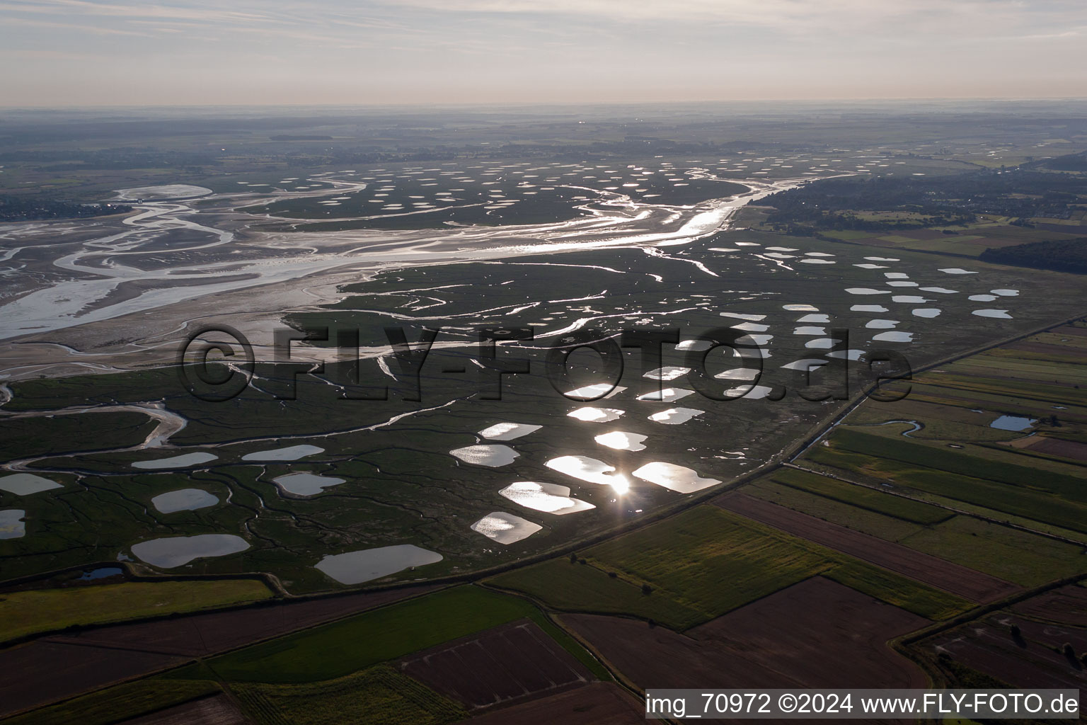 Aerial view of River Delta and estuary of Somme in Saint-Valery-sur-Somme in Picardie, France