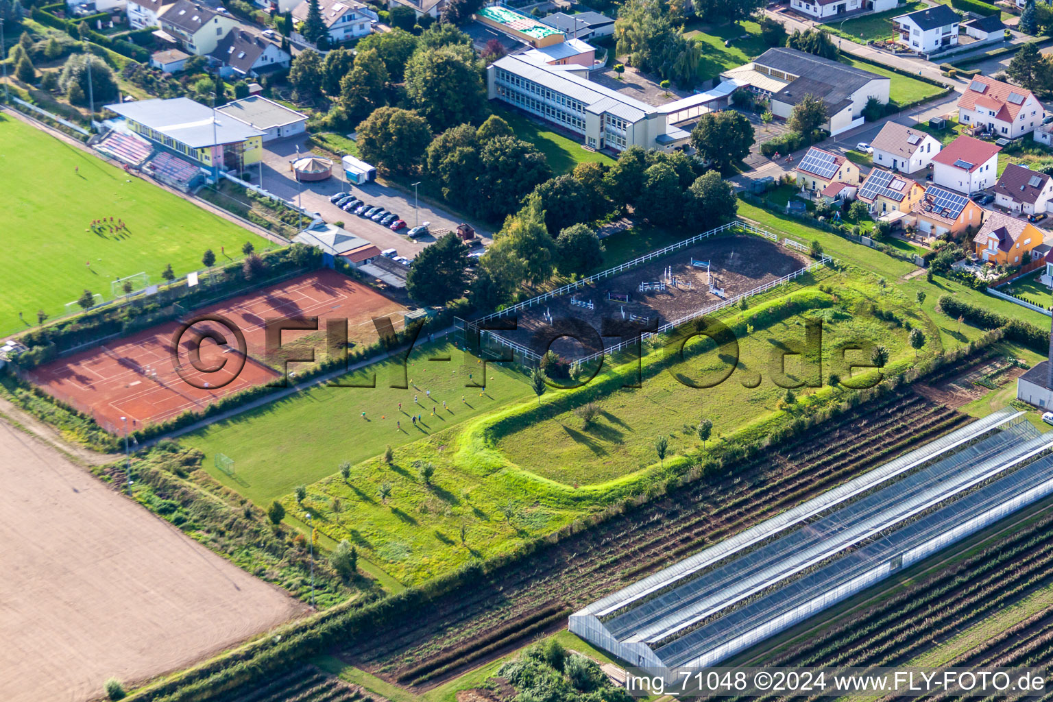 Aerial view of SV Weingarten, tennis club and football pitch in Weingarten in the state Rhineland-Palatinate, Germany