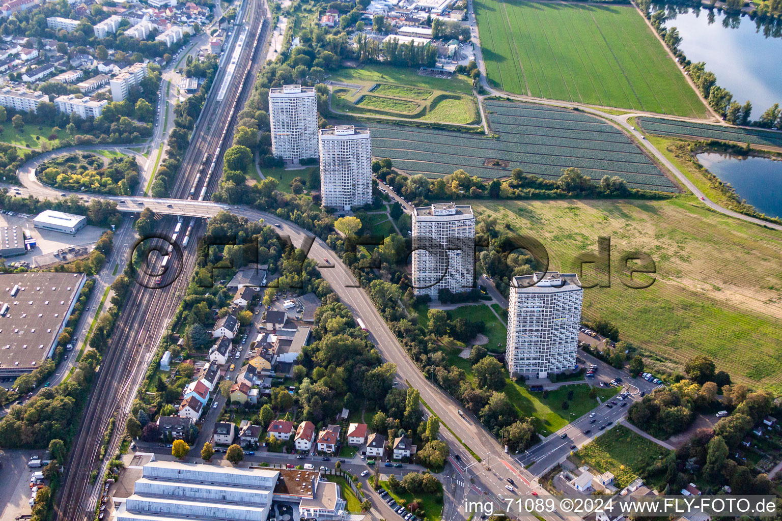 High-rise buildings at the Froschlache in the district Friesenheim in Ludwigshafen am Rhein in the state Rhineland-Palatinate, Germany