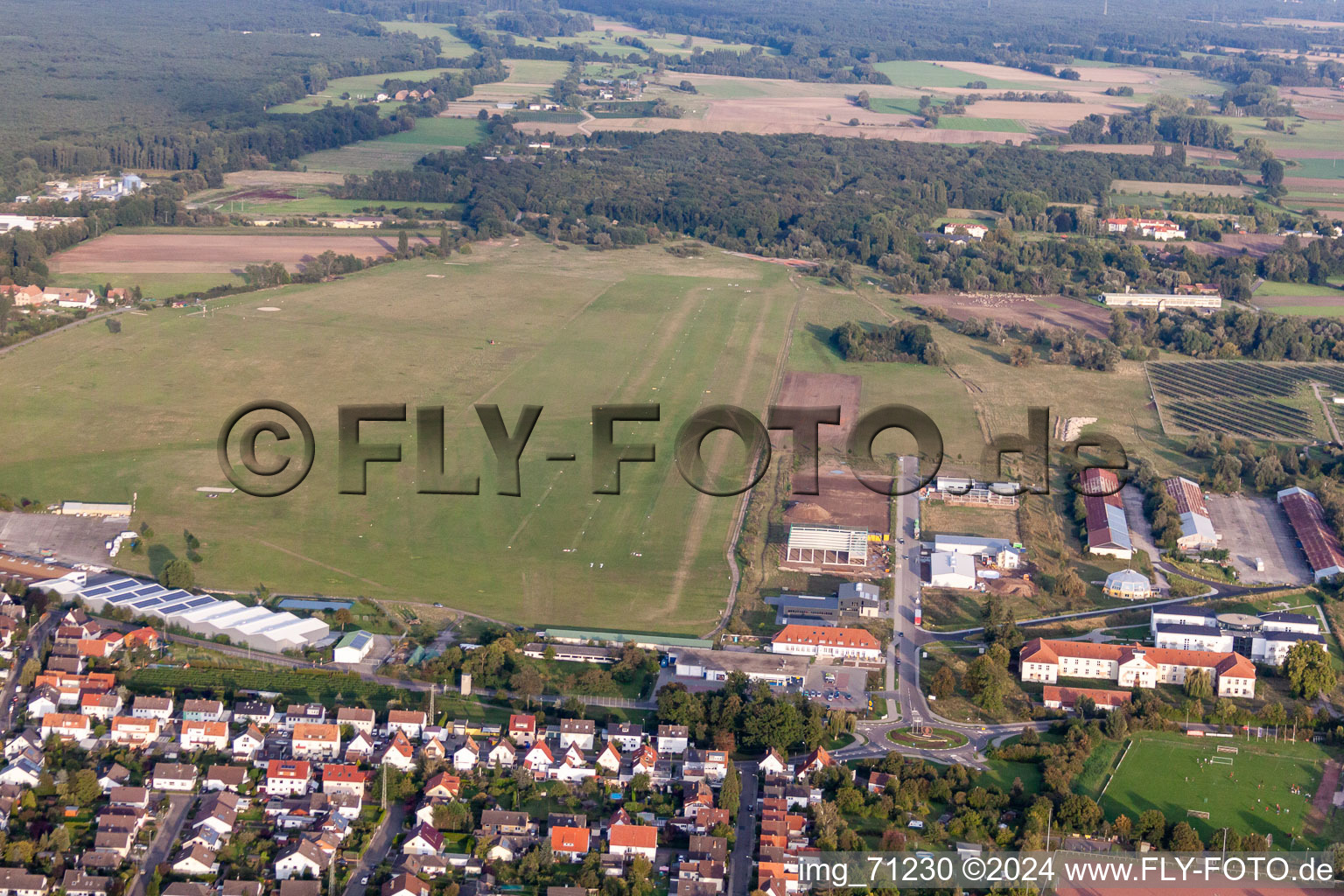 Runway with tarmac terrain of airfield FSV Neustadt on Flugplatz Lachen - Speyerdorf in the district Lachen-Speyerdorf in Neustadt an der Weinstrasse in the state Rhineland-Palatinate, Germany