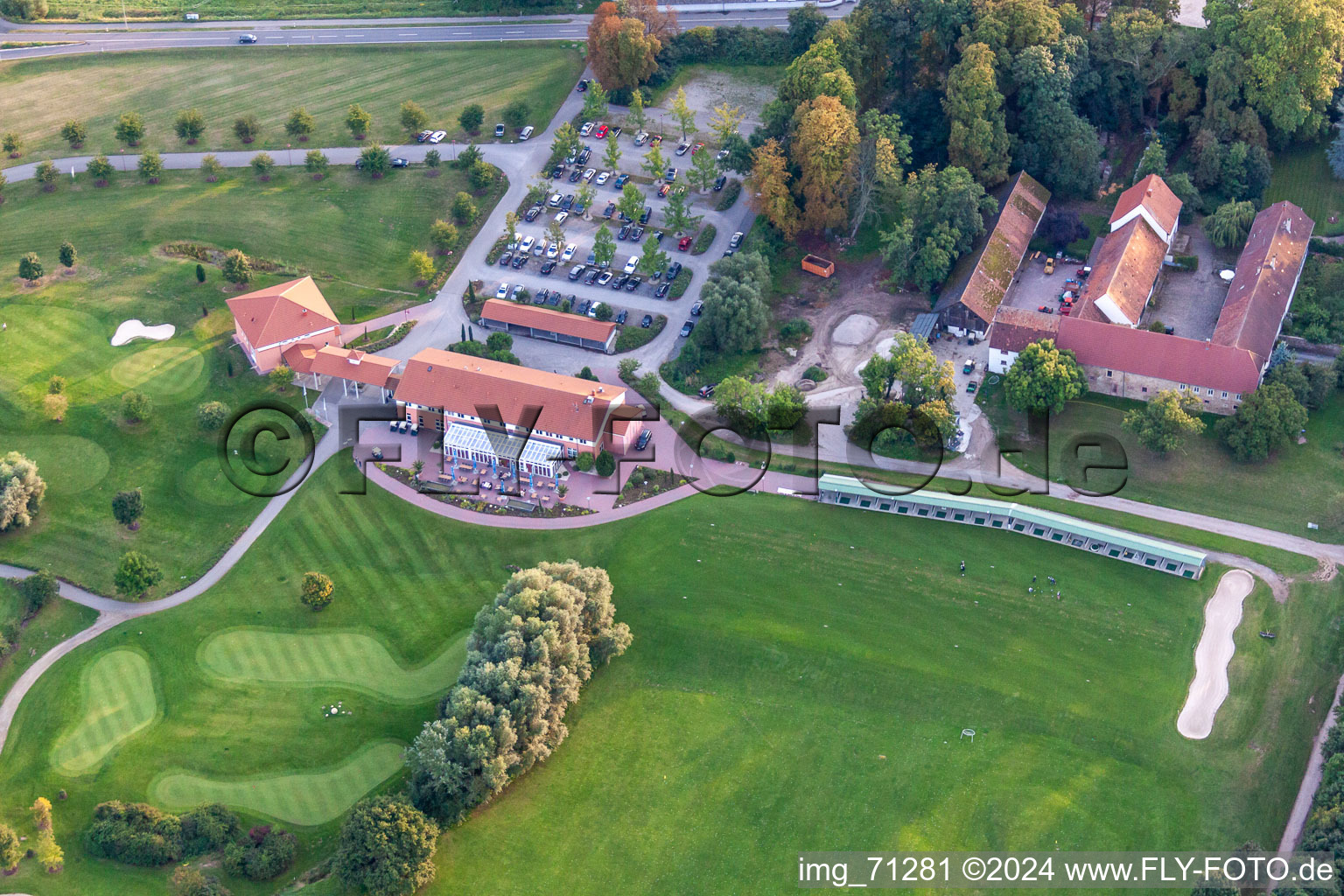 Grounds of the Golf course at Golfanlage Landgut Dreihof in Essingen in the state Rhineland-Palatinate from the drone perspective