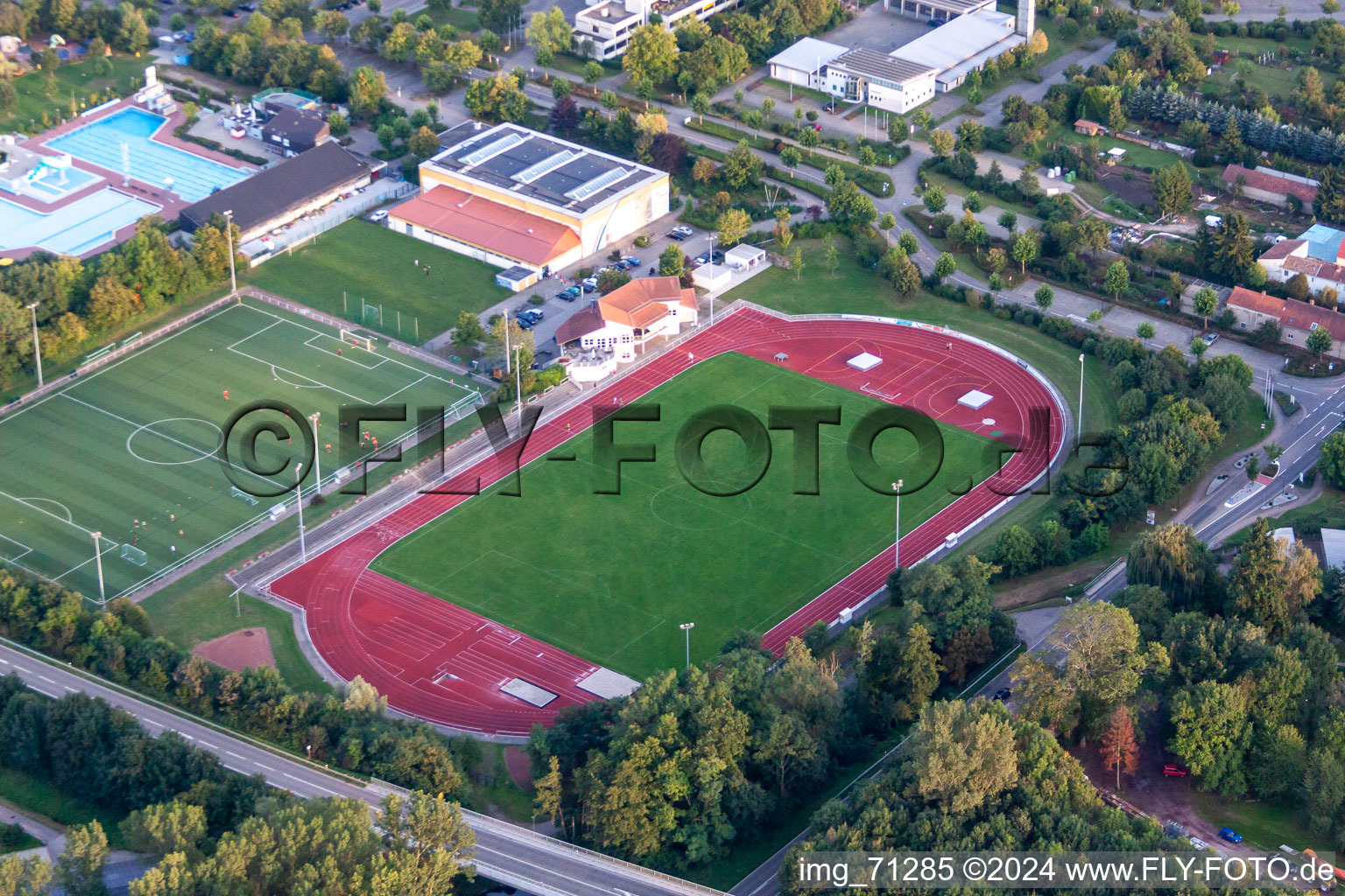Aerial view of Queichtal Stadium in Offenbach an der Queich in the state Rhineland-Palatinate, Germany