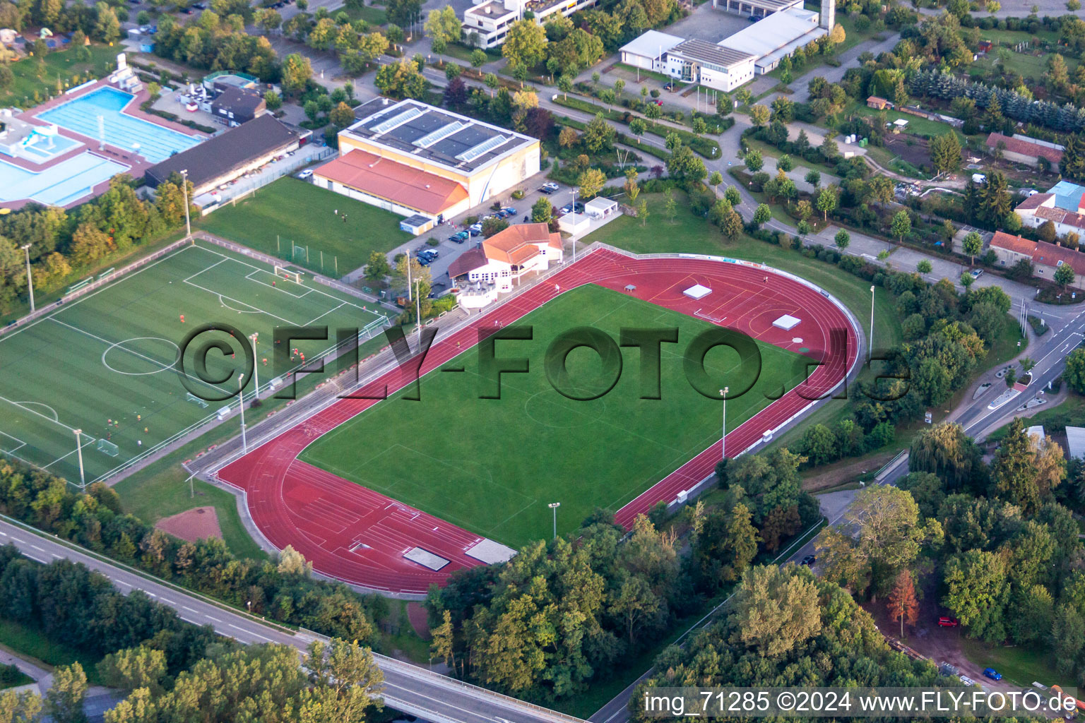 Aerial view of Queichtal Stadium in the district Offenbach in Offenbach an der Queich in the state Rhineland-Palatinate, Germany